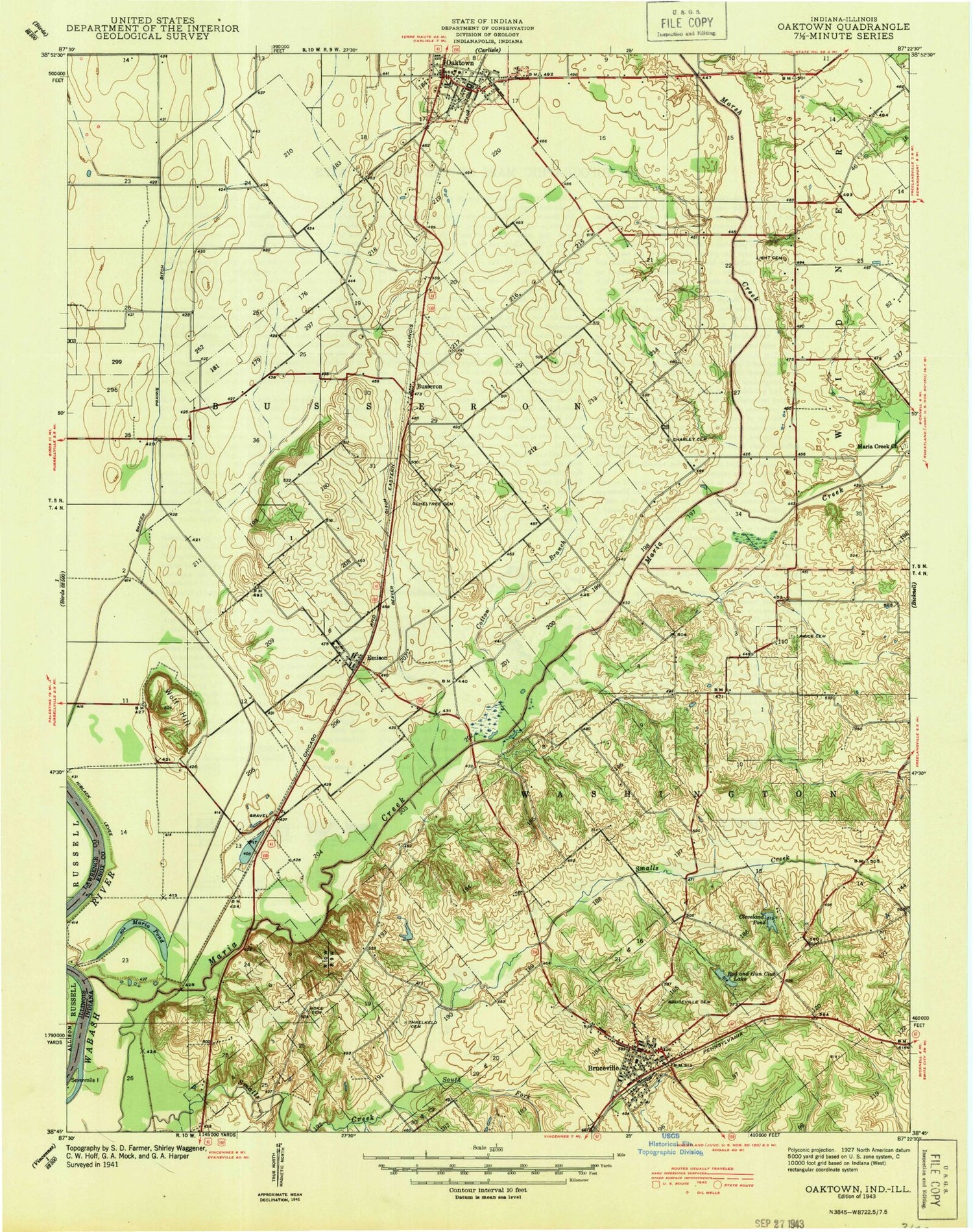 Classic USGS Oaktown Indiana 7.5'x7.5' Topo Map Image