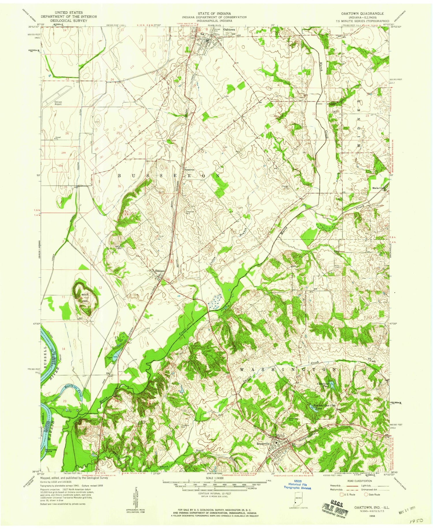 Classic USGS Oaktown Indiana 7.5'x7.5' Topo Map Image