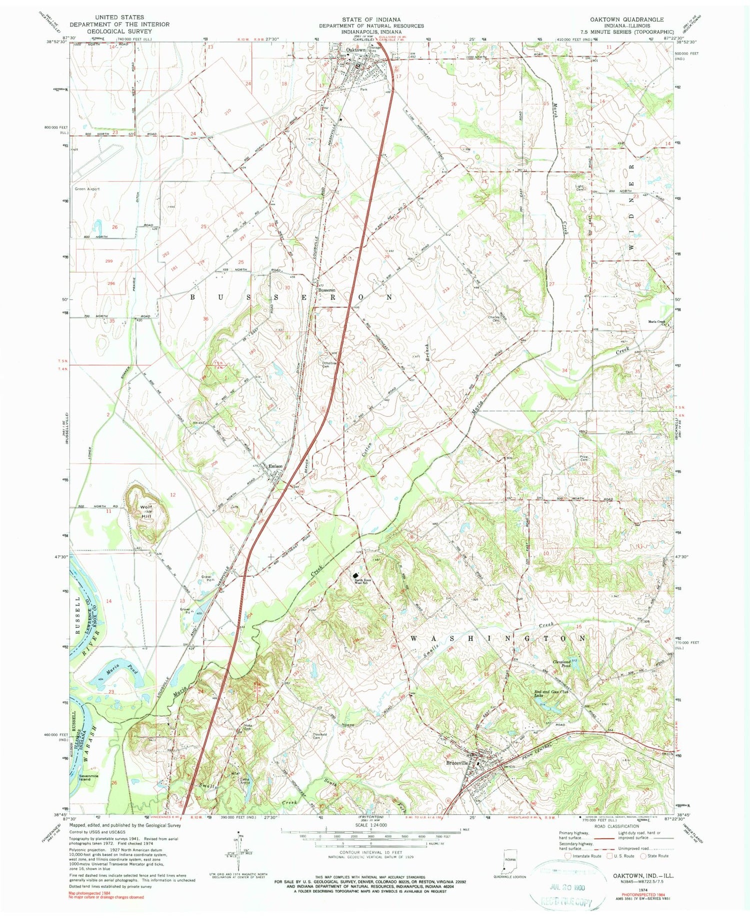Classic USGS Oaktown Indiana 7.5'x7.5' Topo Map Image