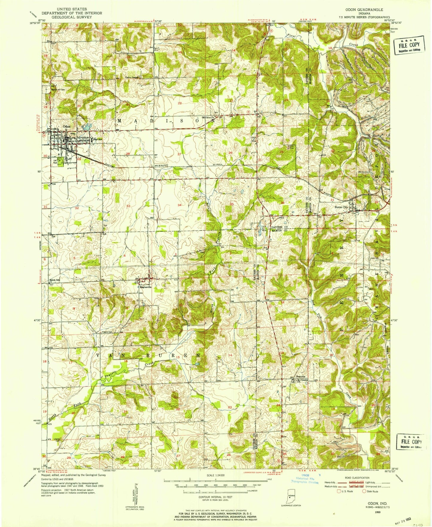 Classic USGS Odon Indiana 7.5'x7.5' Topo Map Image