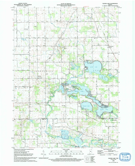 Classic USGS Oliver Lake Indiana 7.5'x7.5' Topo Map Image