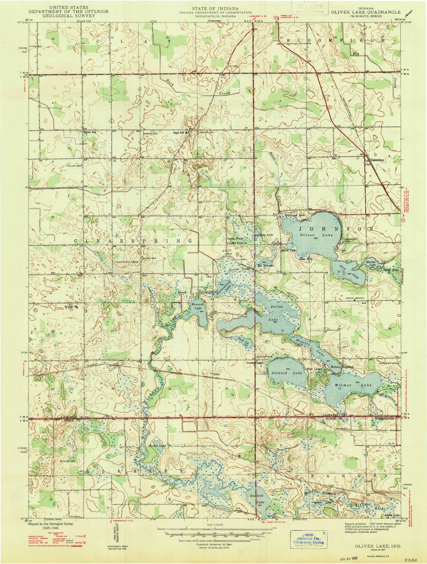 Classic USGS Oliver Lake Indiana 7.5'x7.5' Topo Map Image