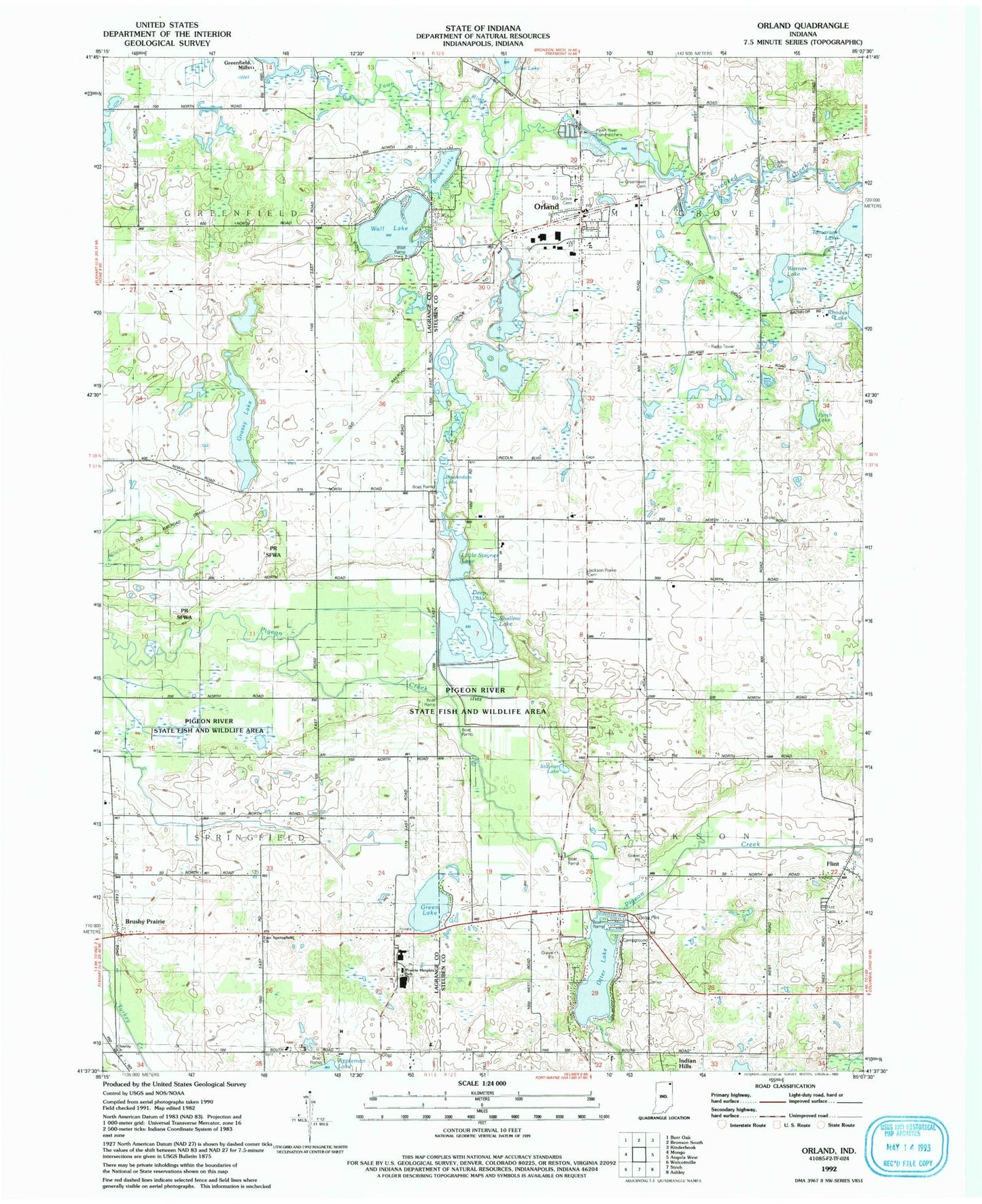 Classic USGS Orland Indiana 7.5'x7.5' Topo Map Image