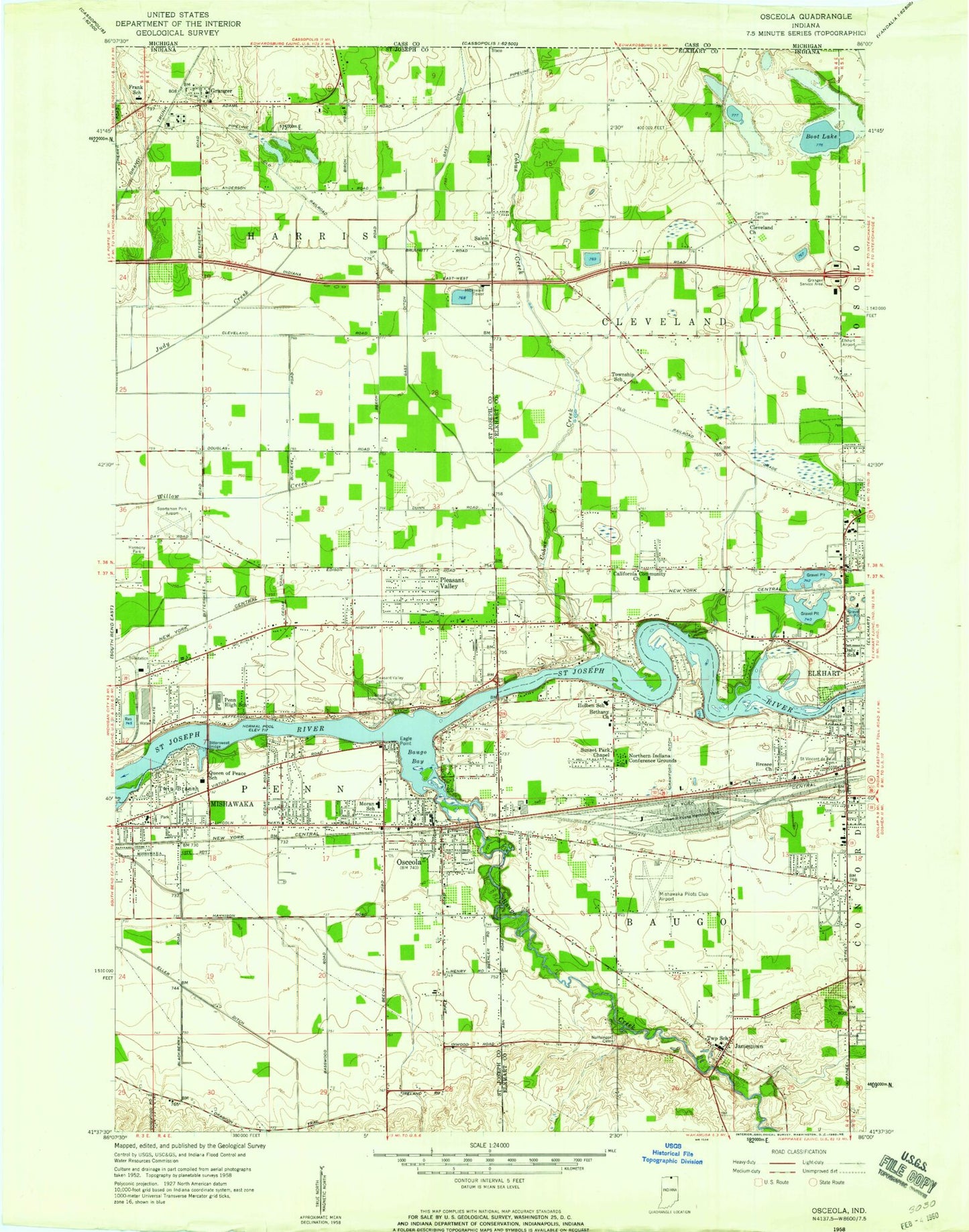 Classic USGS Osceola Indiana 7.5'x7.5' Topo Map Image