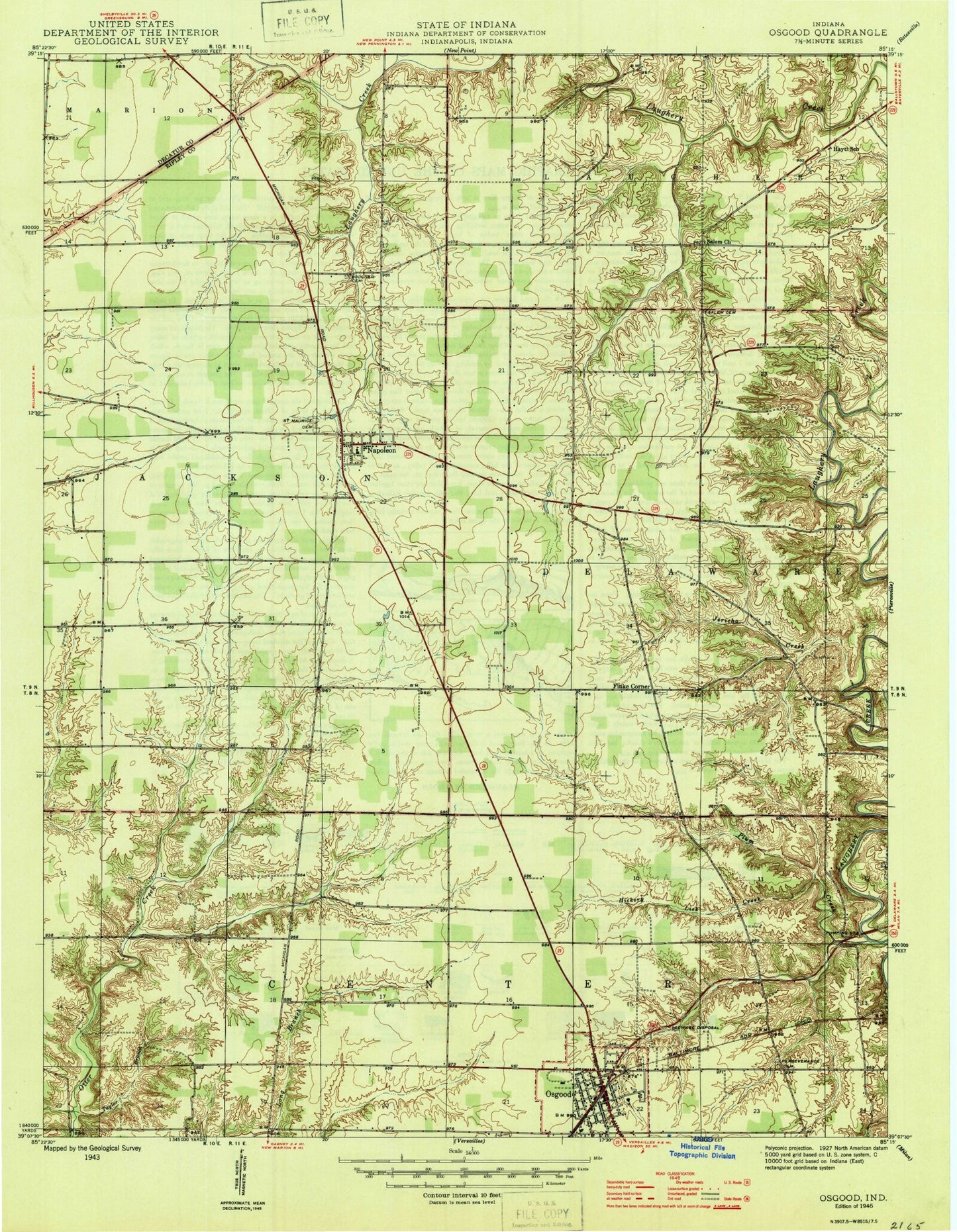 Classic USGS Osgood Indiana 7.5'x7.5' Topo Map Image