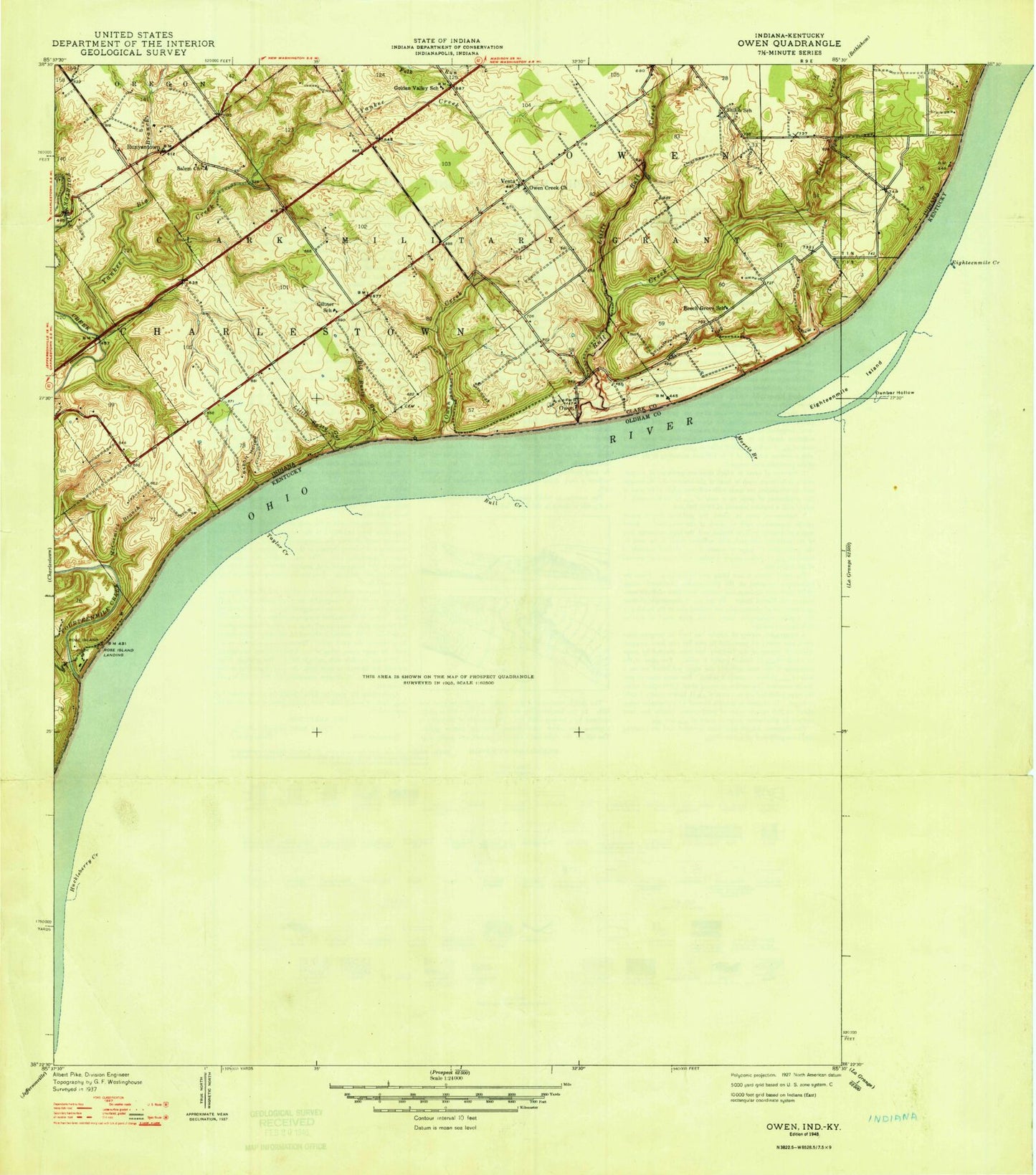 Classic USGS Owen Indiana 7.5'x7.5' Topo Map Image