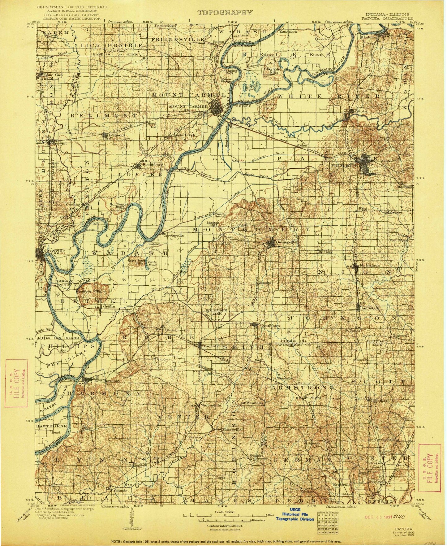Historic 1903 Patoka Indiana 30'x30' Topo Map Image