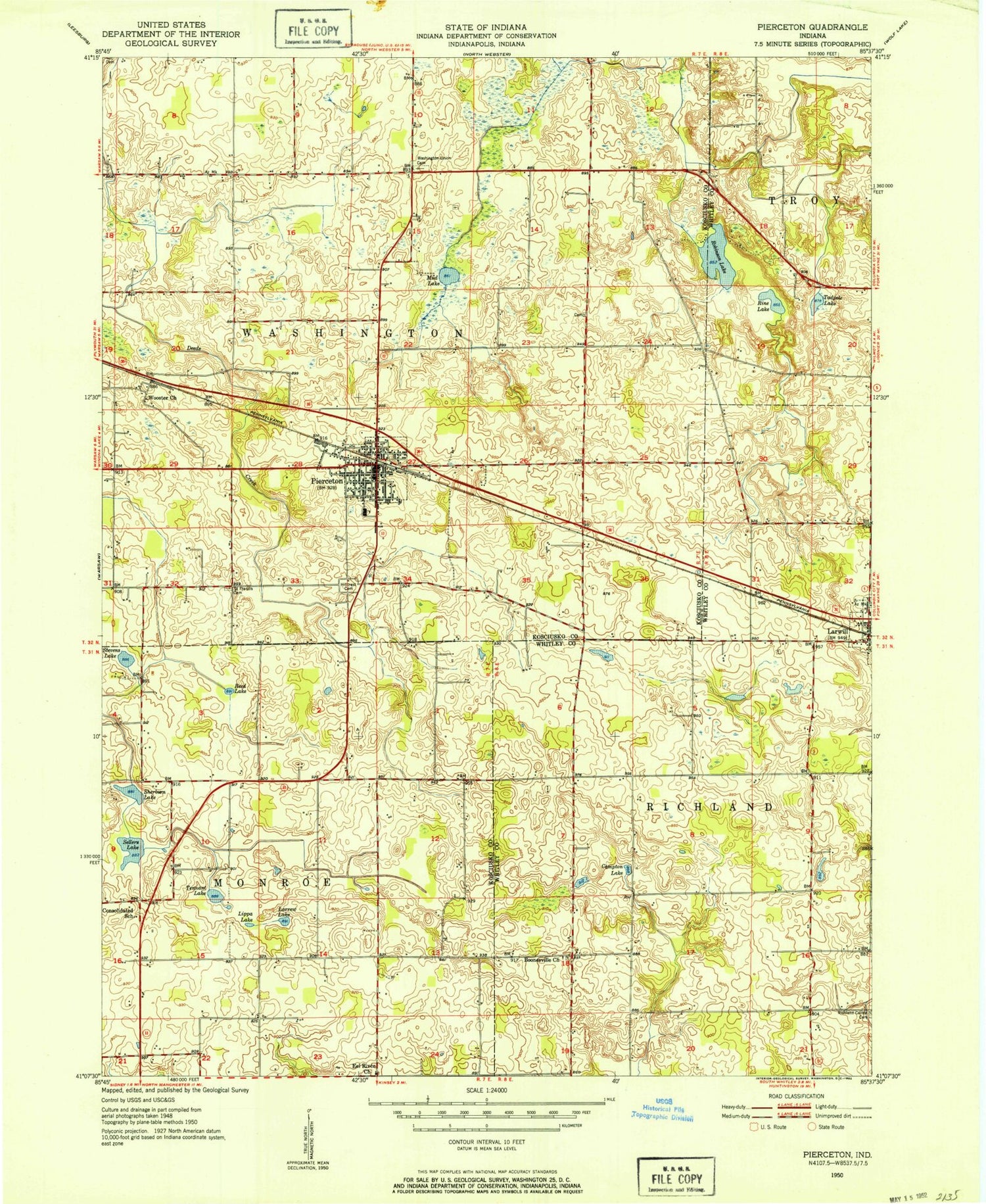 Classic USGS Pierceton Indiana 7.5'x7.5' Topo Map Image
