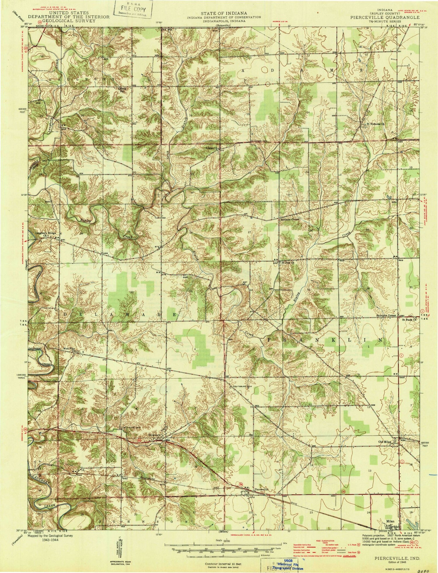 Classic USGS Pierceville Indiana 7.5'x7.5' Topo Map Image