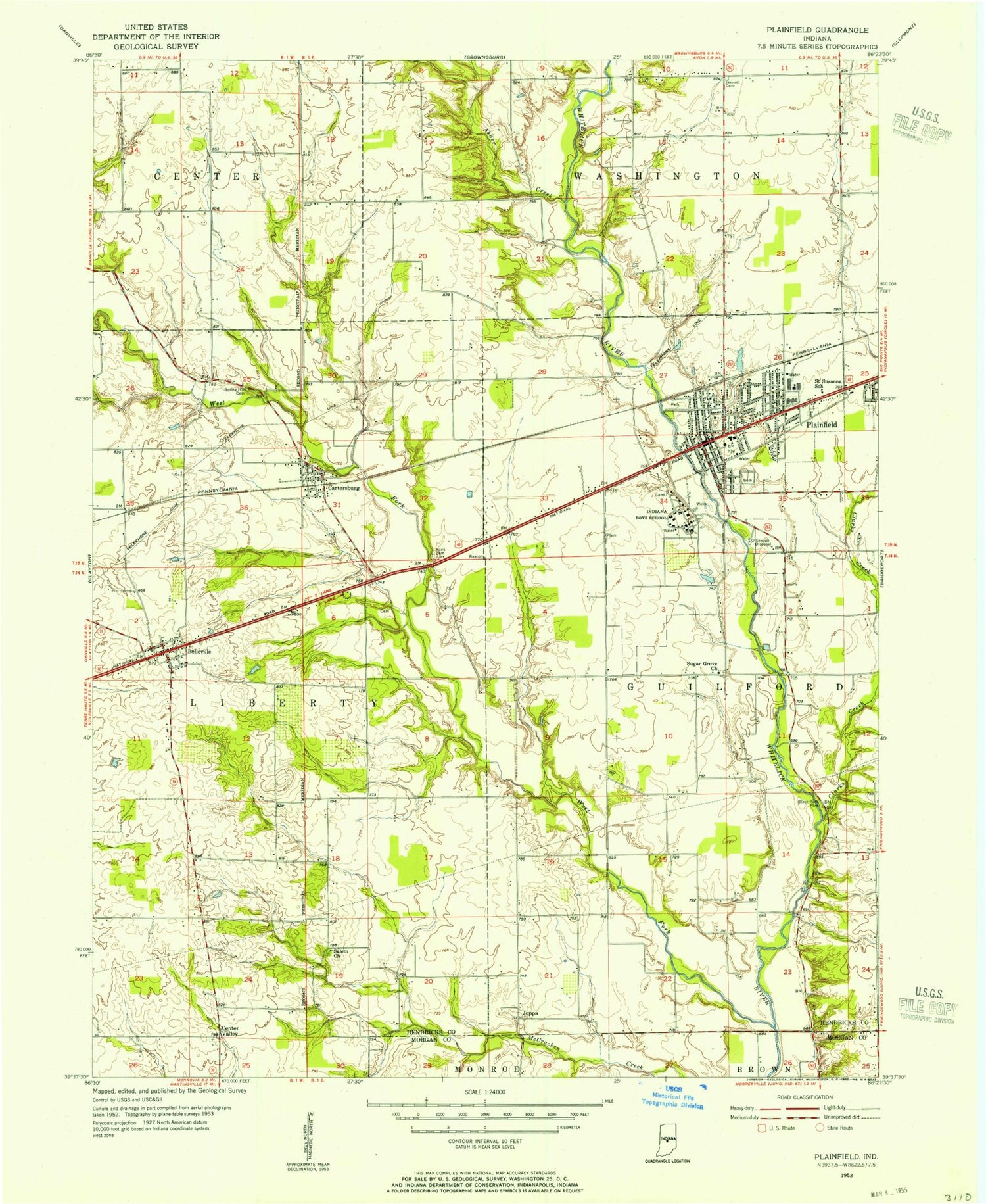 Classic USGS Plainfield Indiana 7.5'x7.5' Topo Map Image