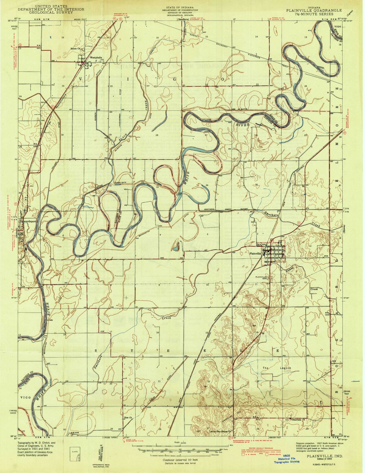 Classic USGS Plainville Indiana 7.5'x7.5' Topo Map Image