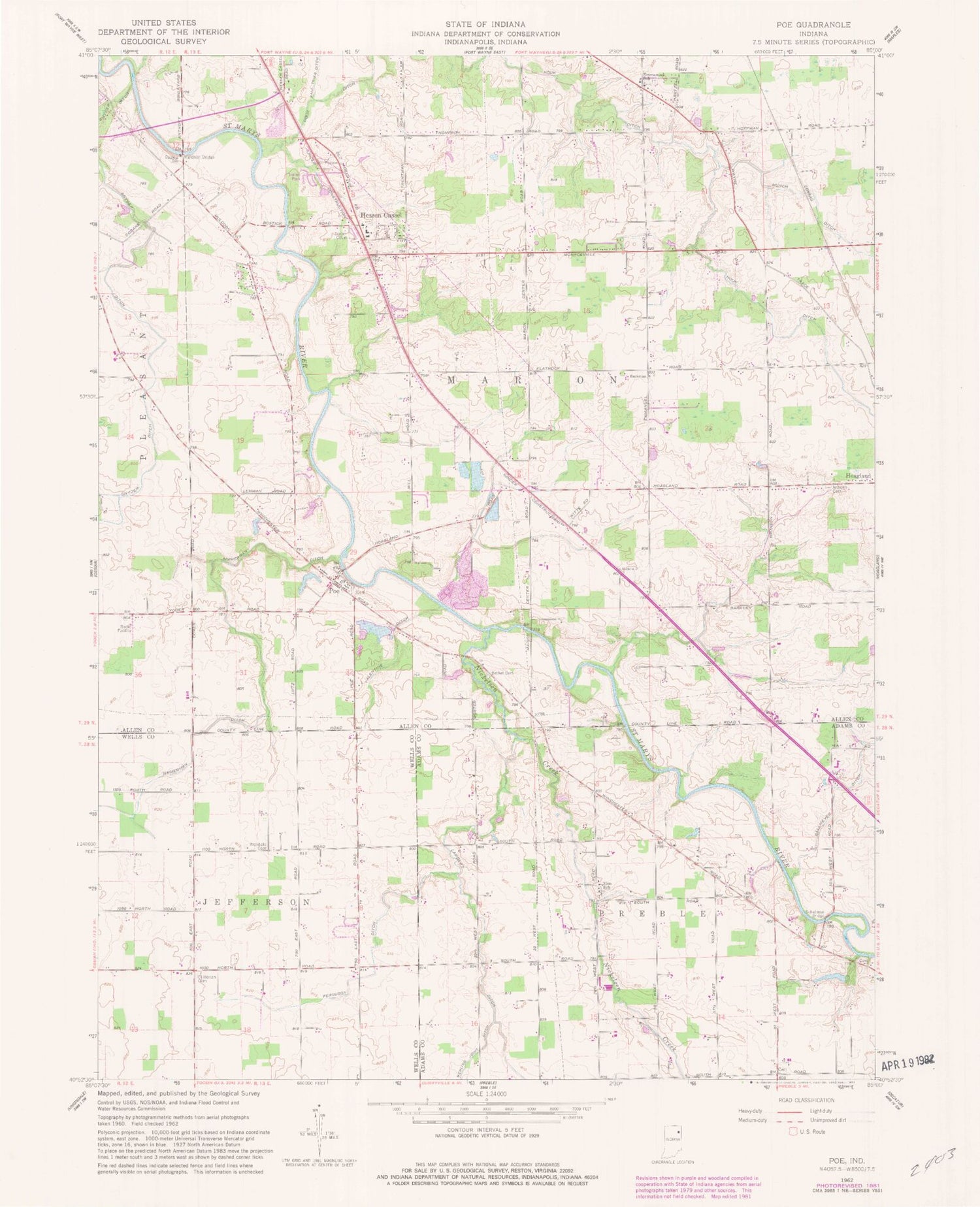 Classic USGS Poe Indiana 7.5'x7.5' Topo Map Image