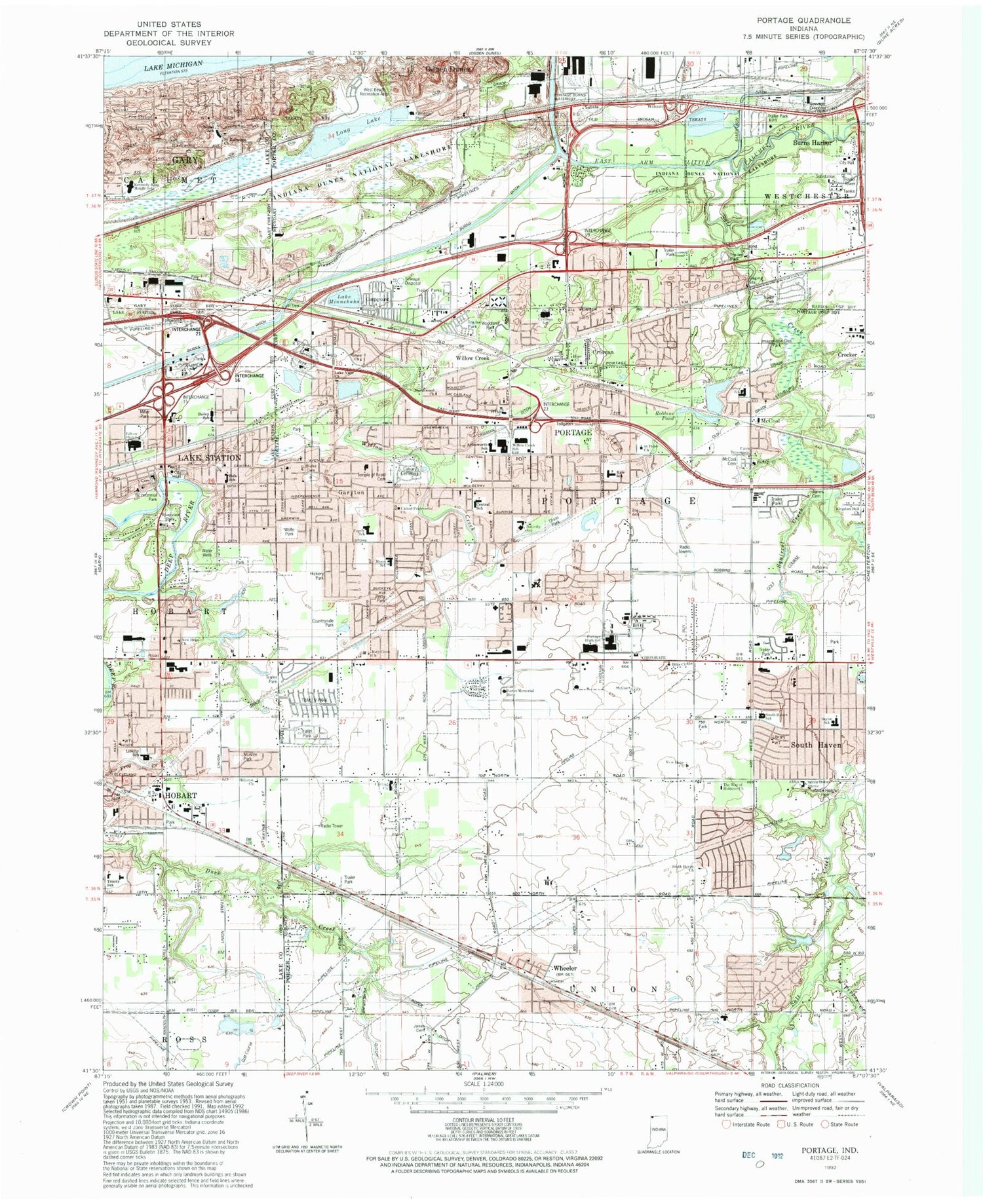 Classic USGS Portage Indiana 7.5'x7.5' Topo Map Image