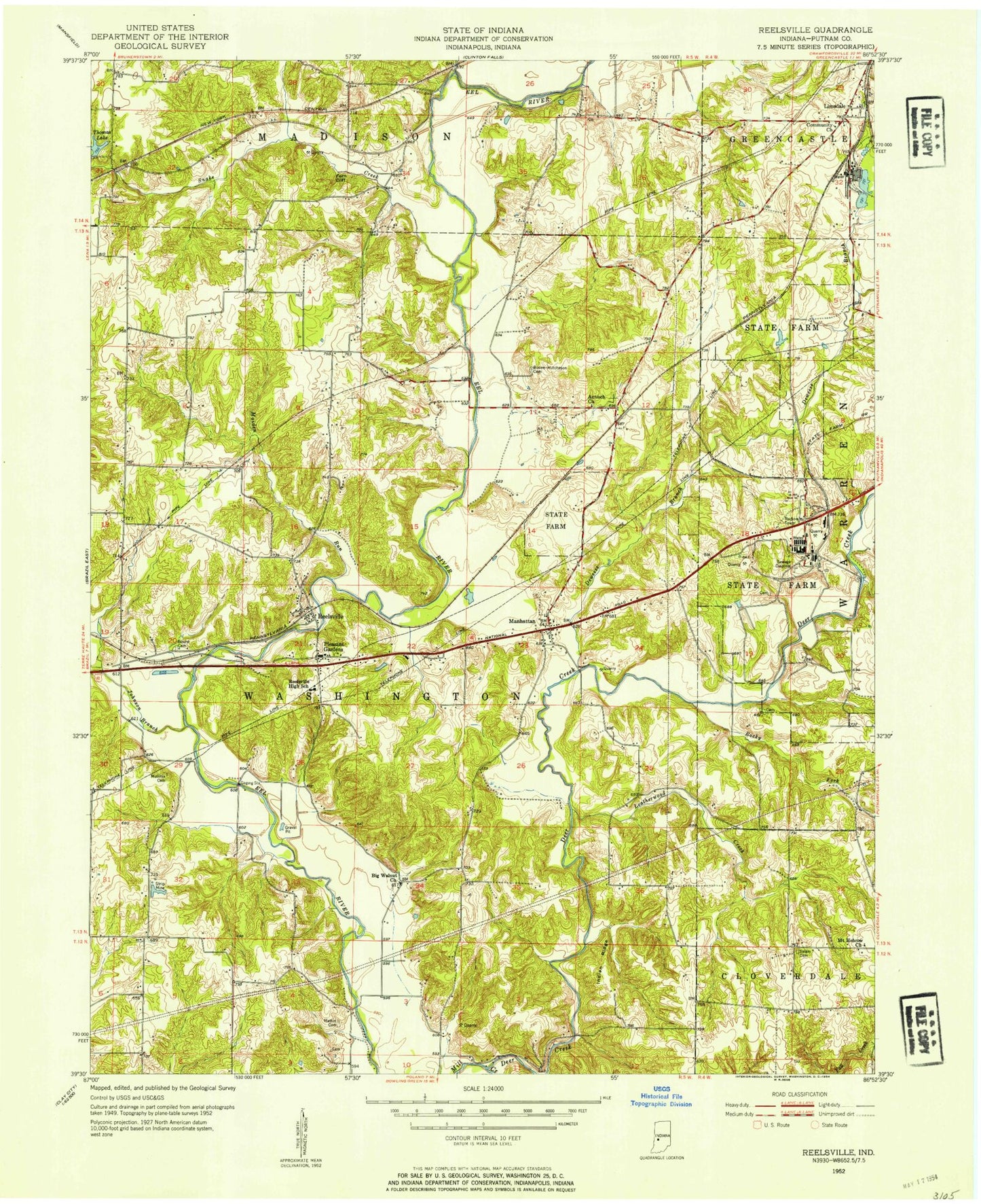 Classic USGS Reelsville Indiana 7.5'x7.5' Topo Map Image