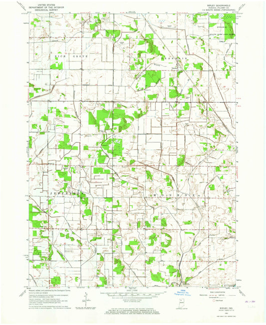 Classic USGS Ripley Indiana 7.5'x7.5' Topo Map Image