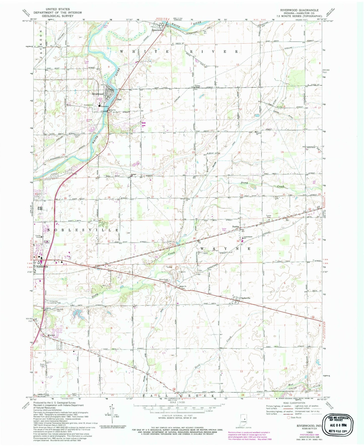 Classic USGS Riverwood Indiana 7.5'x7.5' Topo Map Image