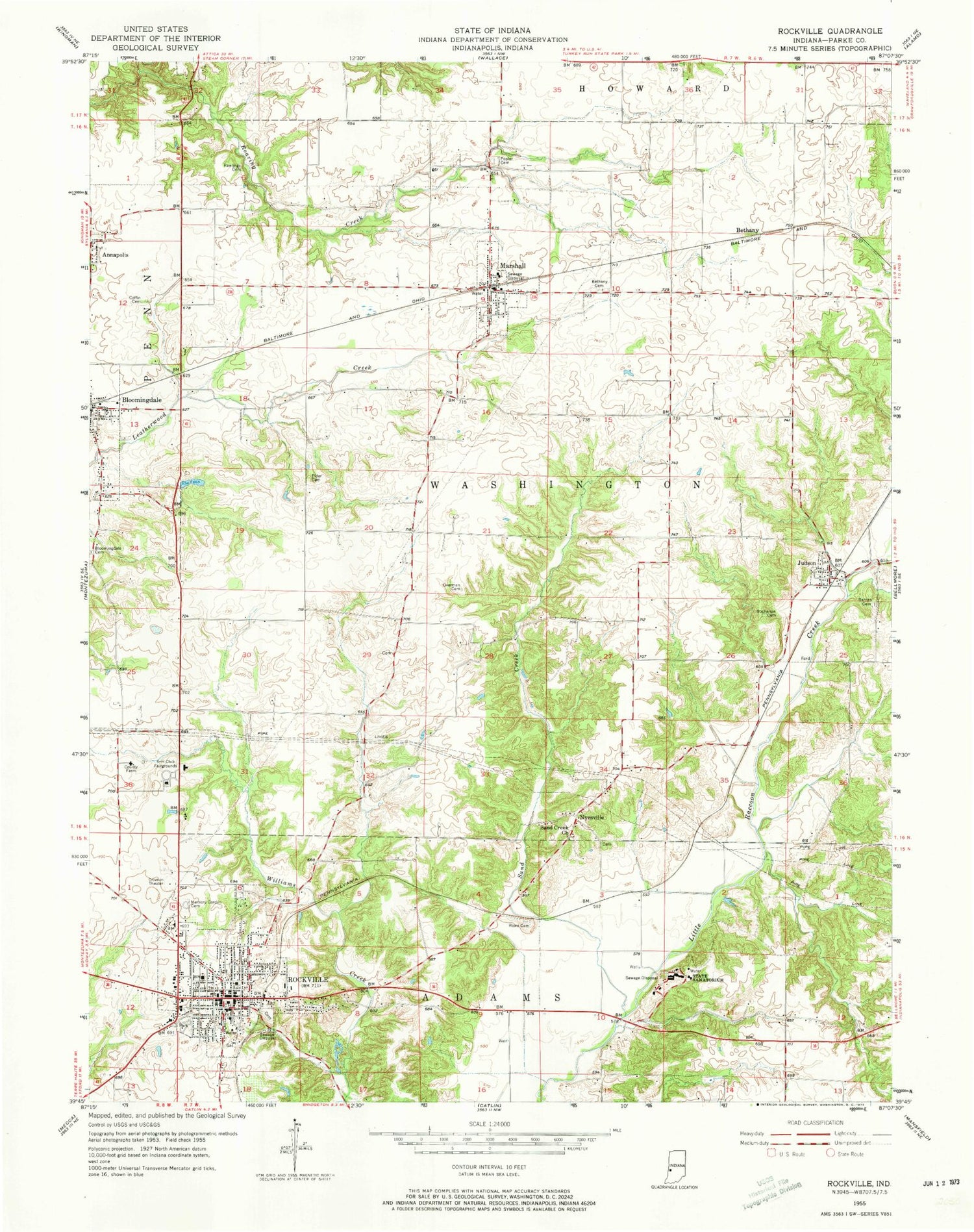 Classic USGS Rockville Indiana 7.5'x7.5' Topo Map Image