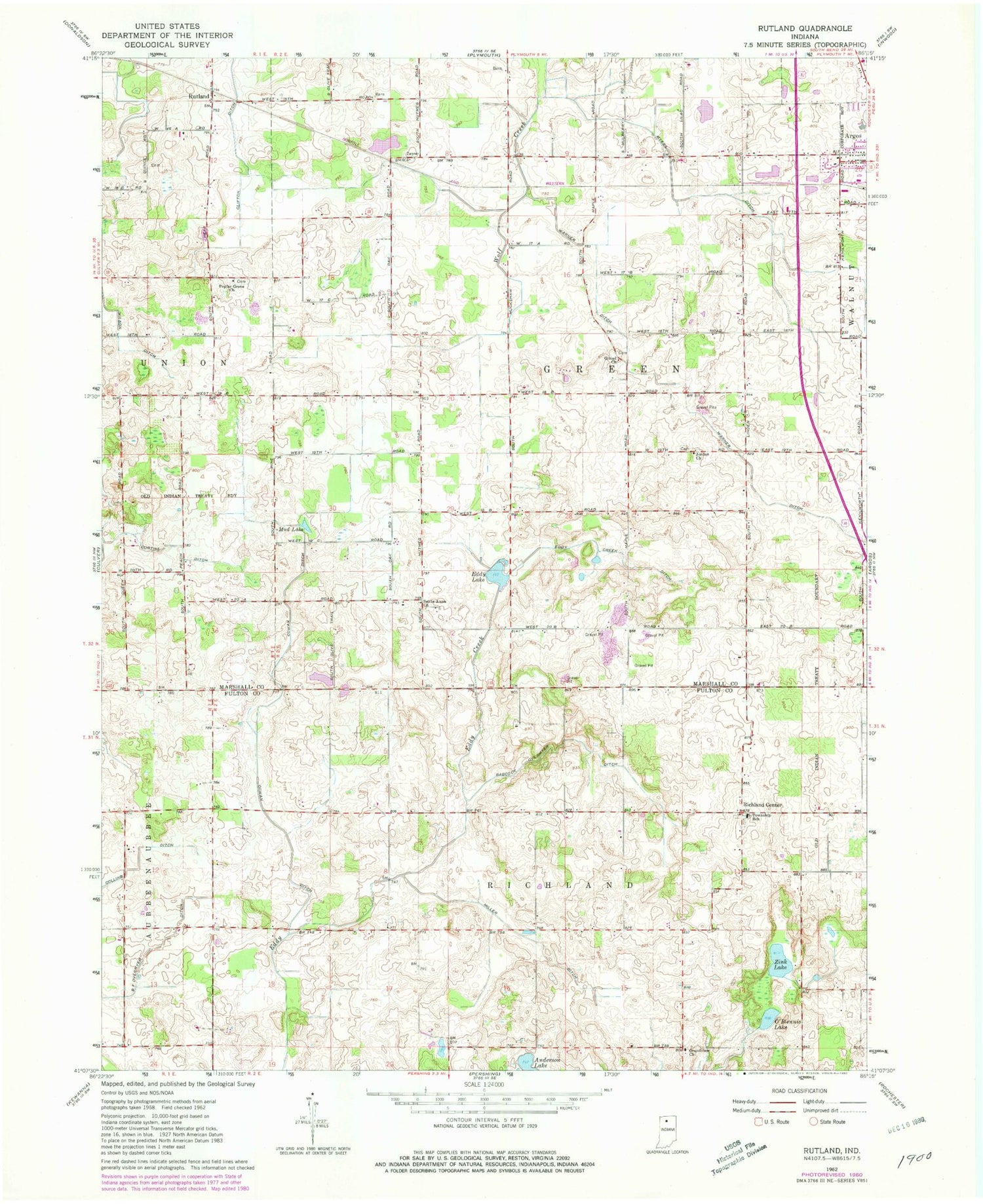 Classic USGS Rutland Indiana 7.5'x7.5' Topo Map Image