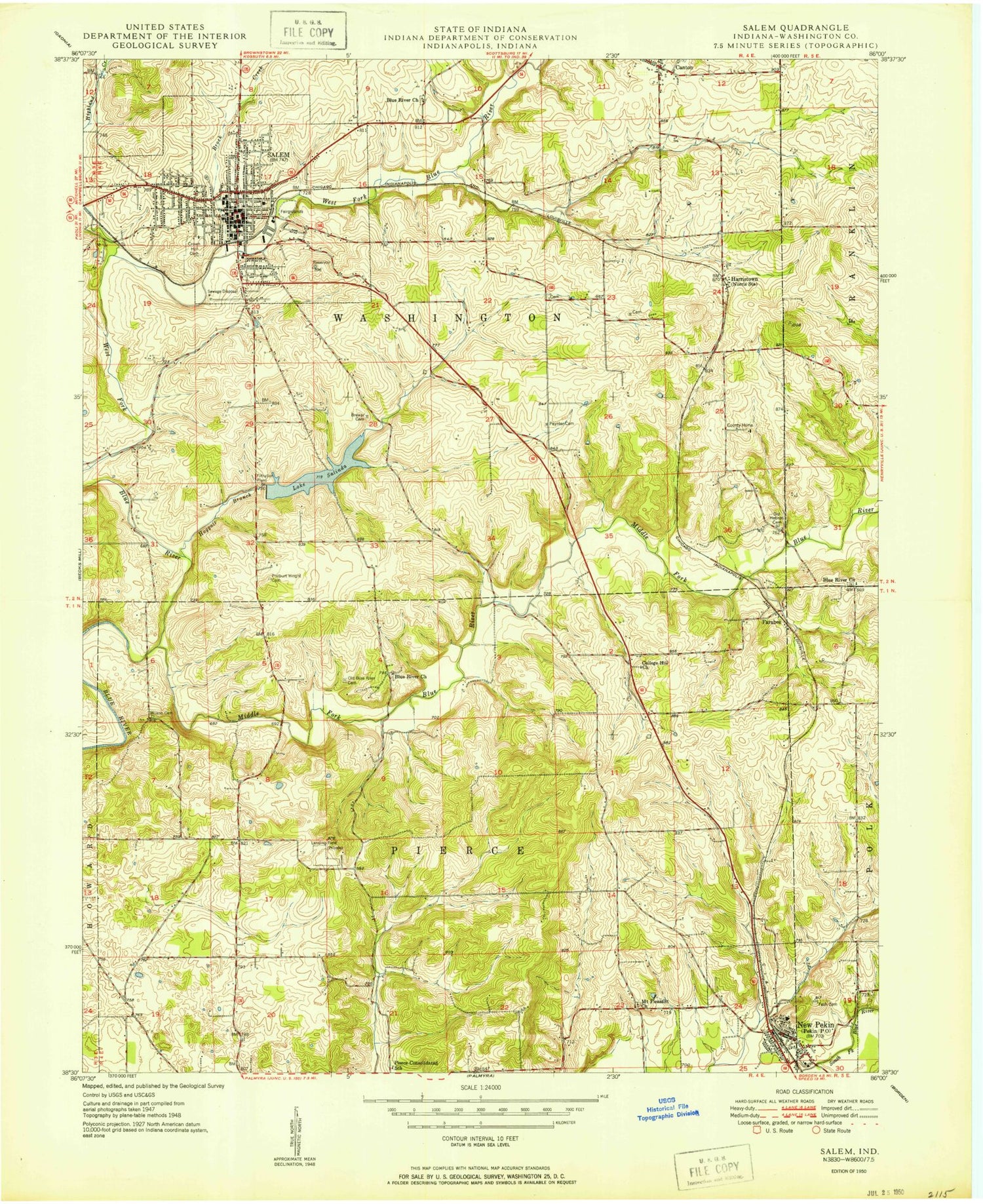 Classic USGS Salem Indiana 7.5'x7.5' Topo Map Image