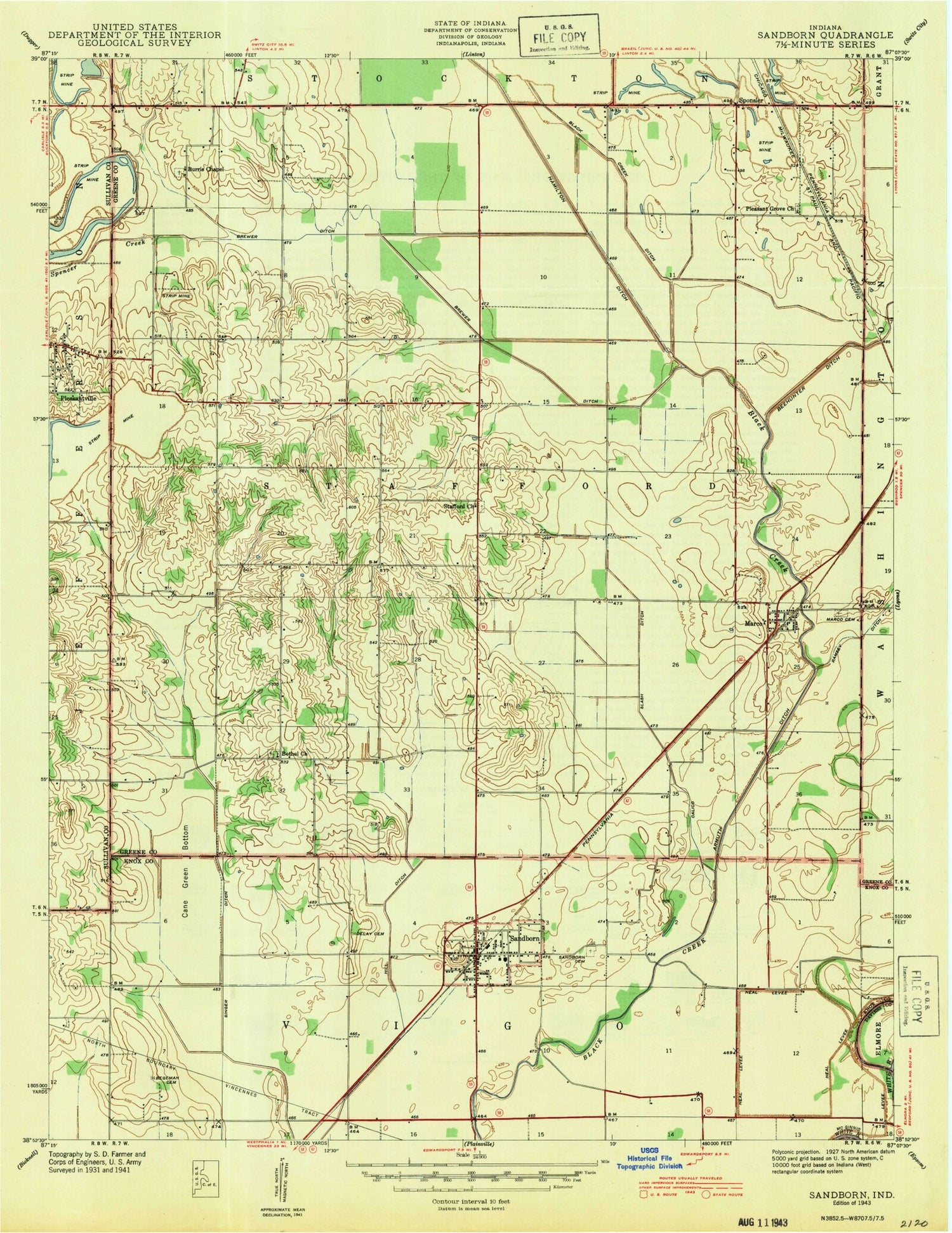 Classic USGS Sandborn Indiana 7.5'x7.5' Topo Map Image