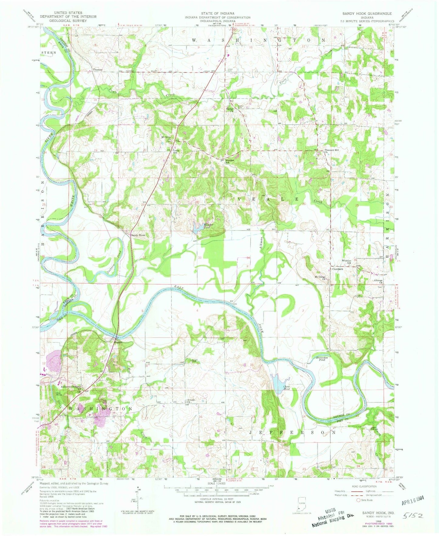 Classic USGS Sandy Hook Indiana 7.5'x7.5' Topo Map Image