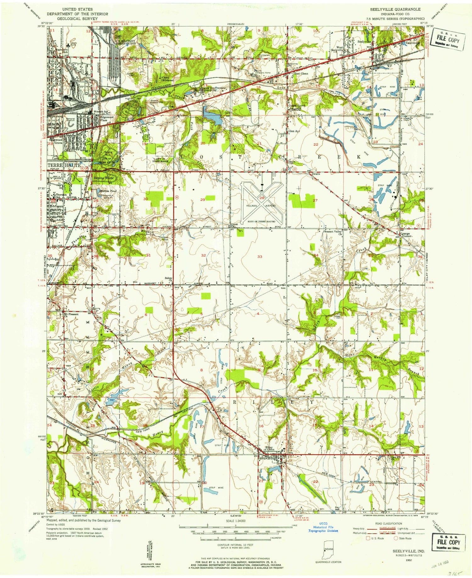Classic USGS Seelyville Indiana 7.5'x7.5' Topo Map Image