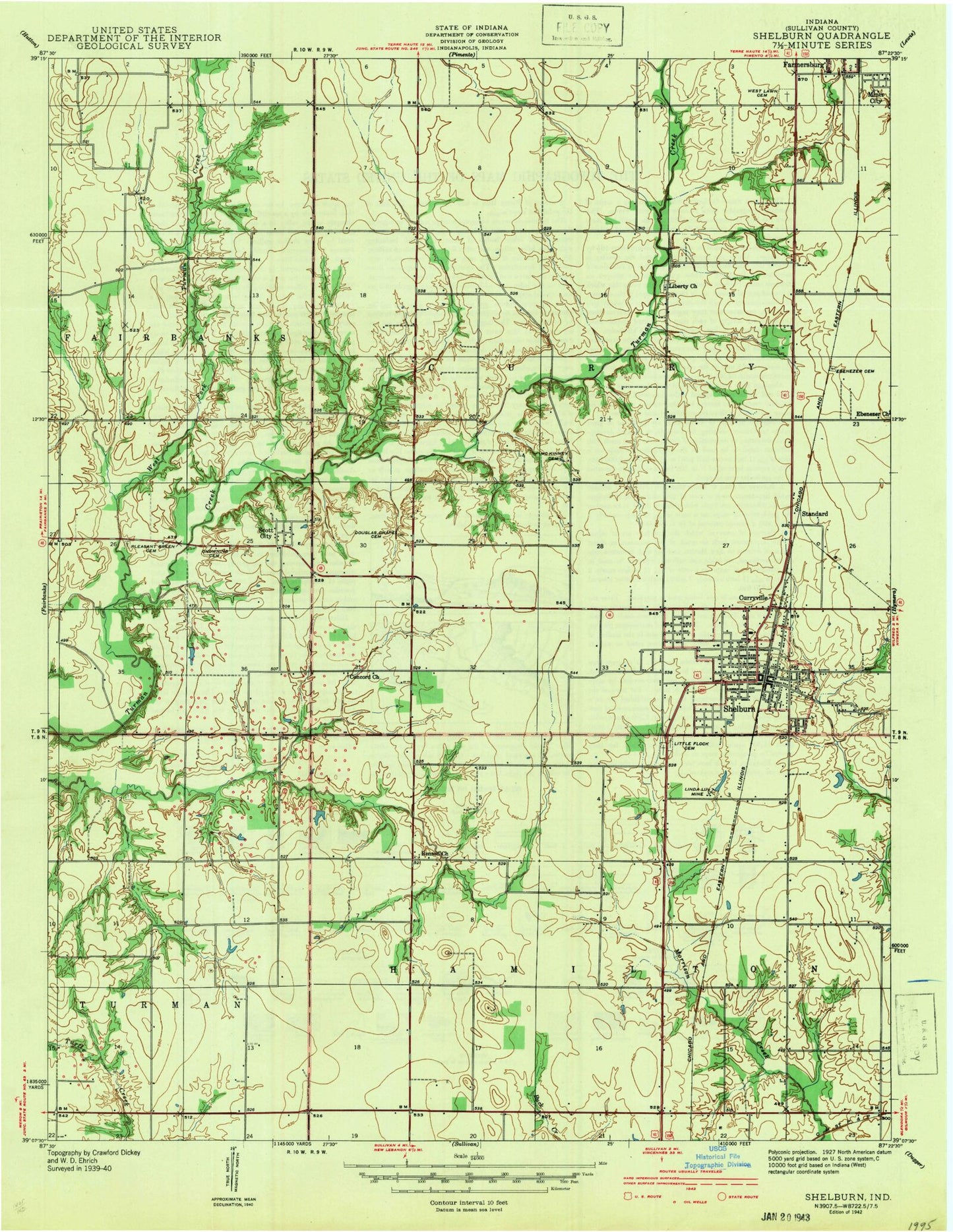 Classic USGS Shelburn Indiana 7.5'x7.5' Topo Map Image
