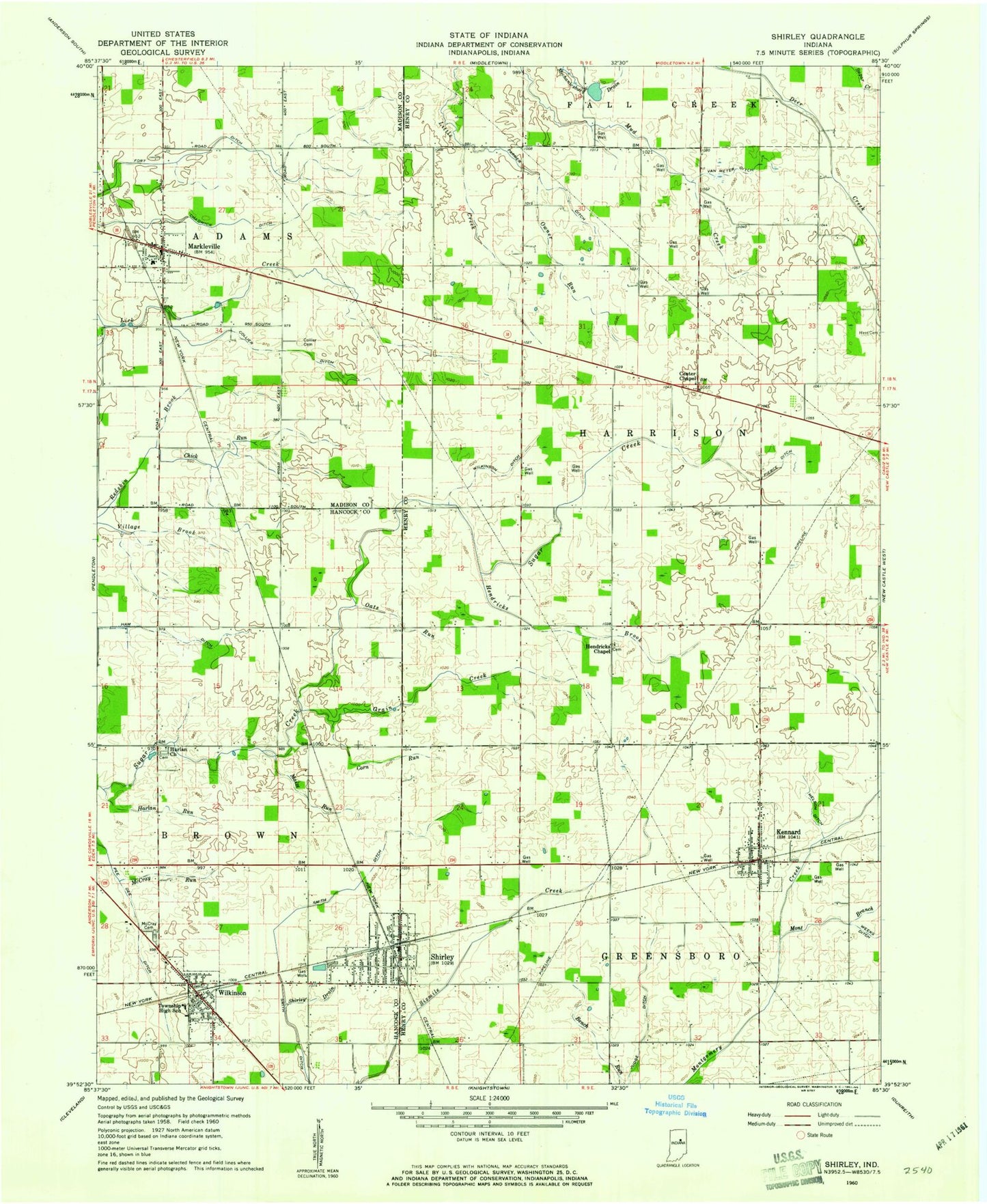 Classic USGS Shirley Indiana 7.5'x7.5' Topo Map Image