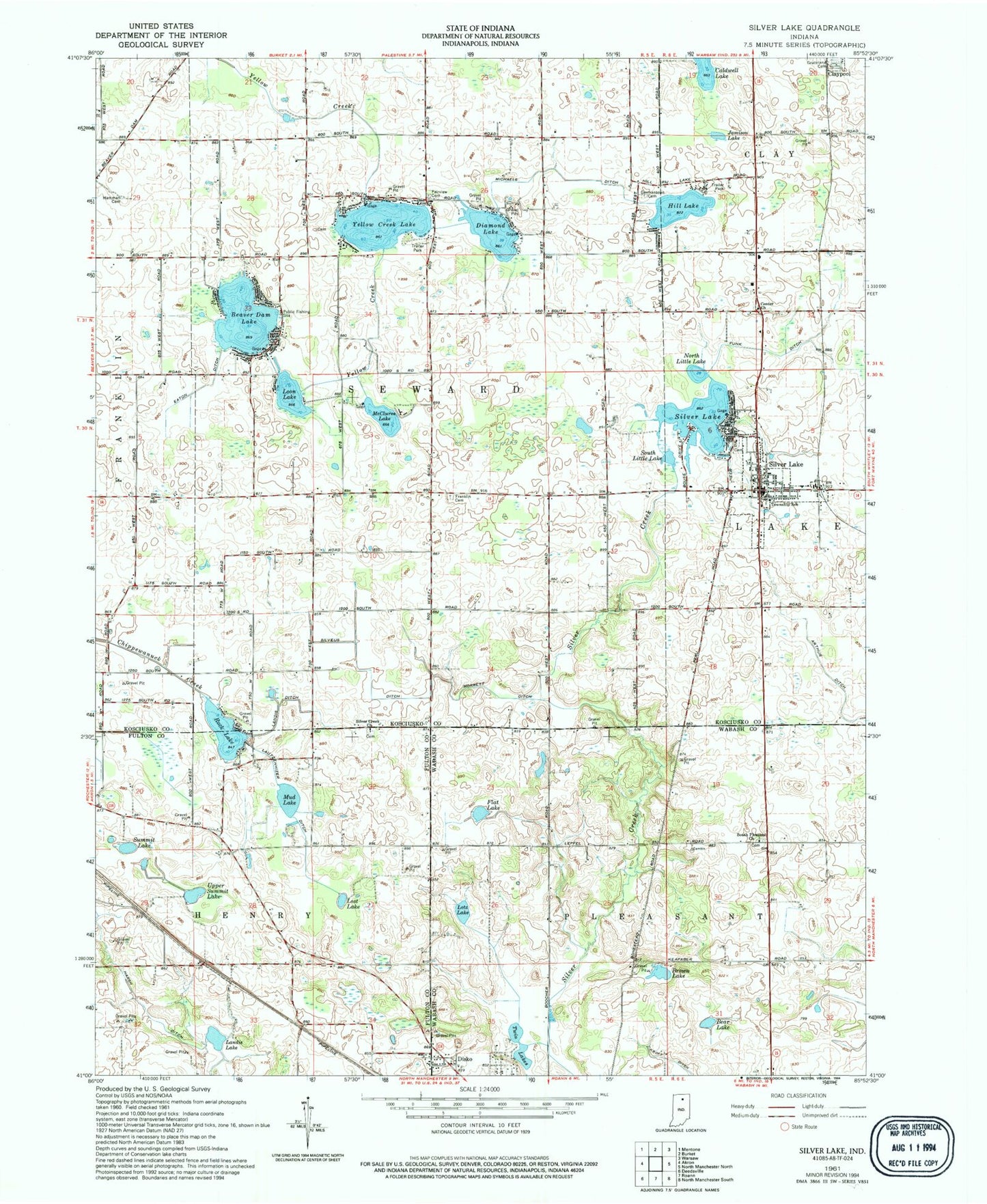 Classic USGS Silver Lake Indiana 7.5'x7.5' Topo Map Image