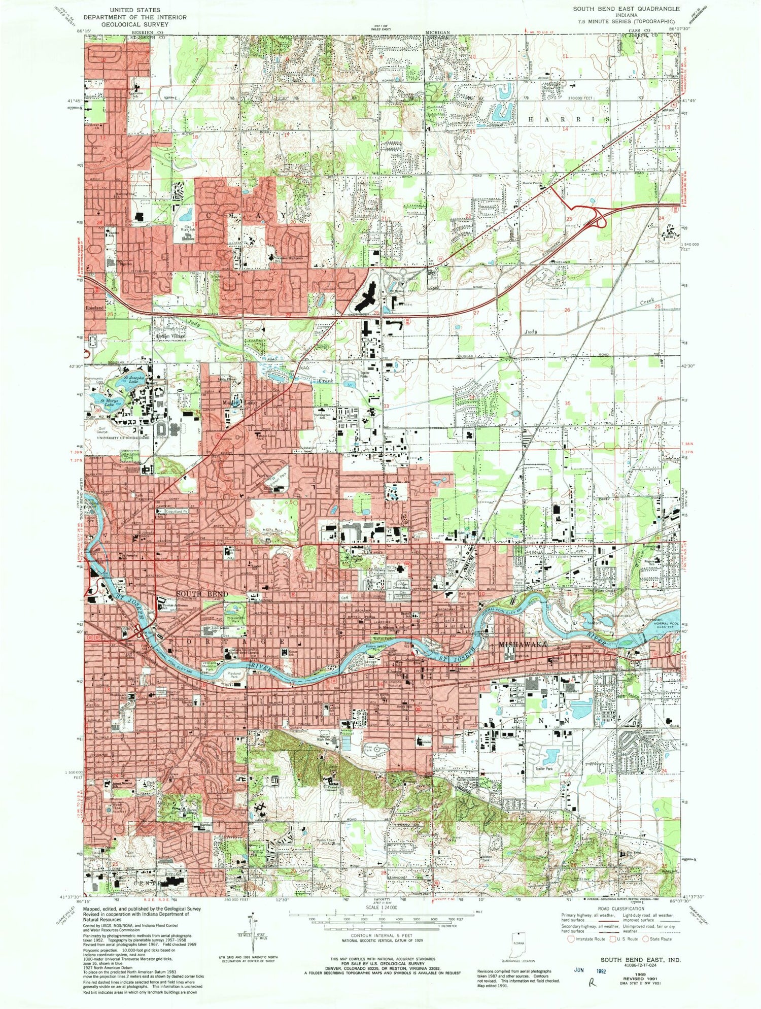 Classic USGS South Bend East Indiana 7.5'x7.5' Topo Map Image