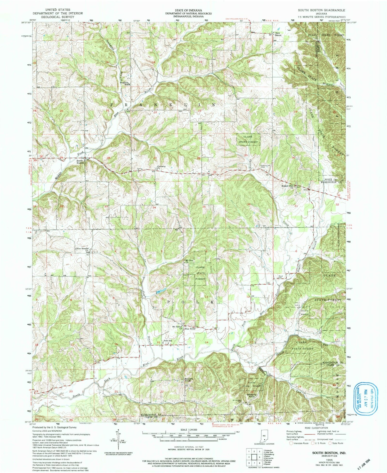 Classic USGS South Boston Indiana 7.5'x7.5' Topo Map Image
