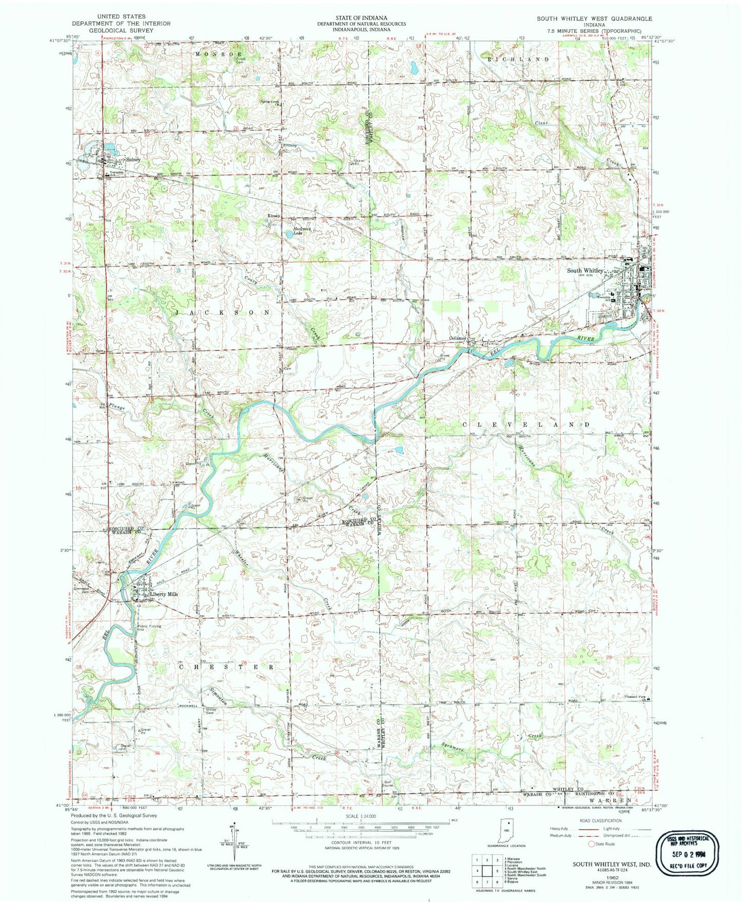 Classic USGS South Whitley West Indiana 7.5'x7.5' Topo Map Image