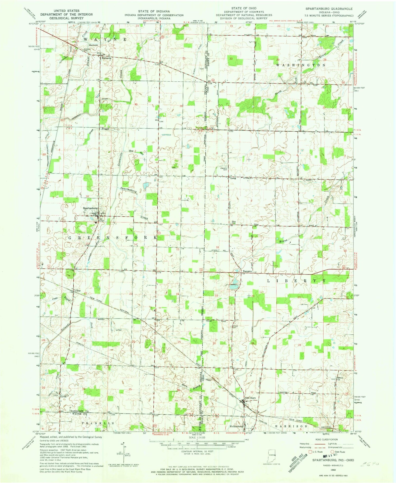 Classic USGS Spartanburg Indiana 7.5'x7.5' Topo Map Image