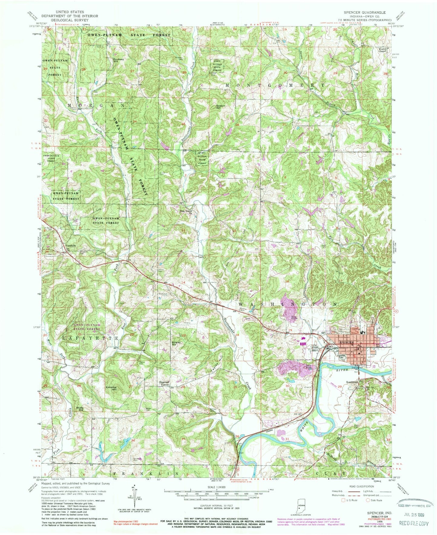 Classic USGS Spencer Indiana 7.5'x7.5' Topo Map Image