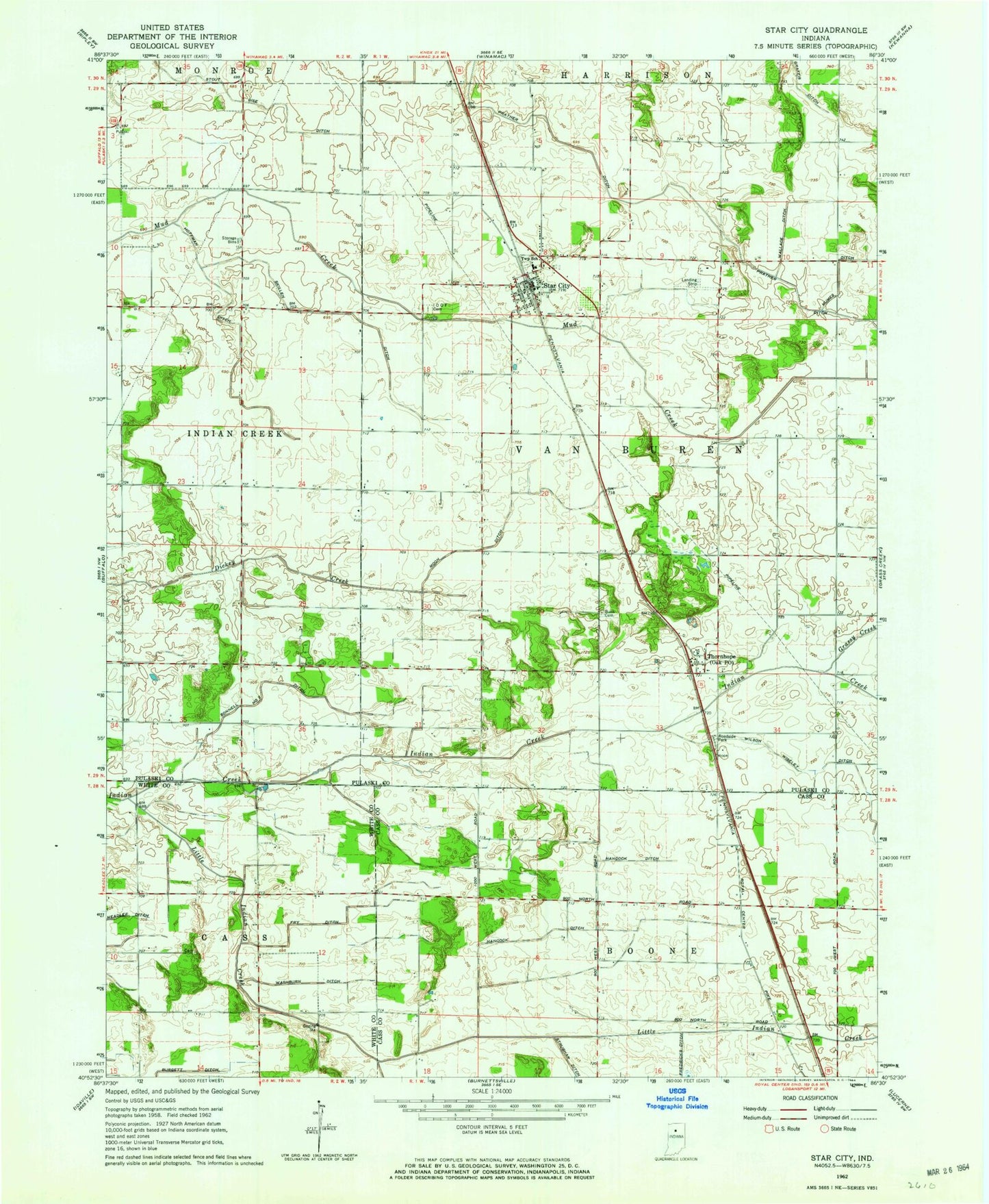Classic USGS Star City Indiana 7.5'x7.5' Topo Map Image