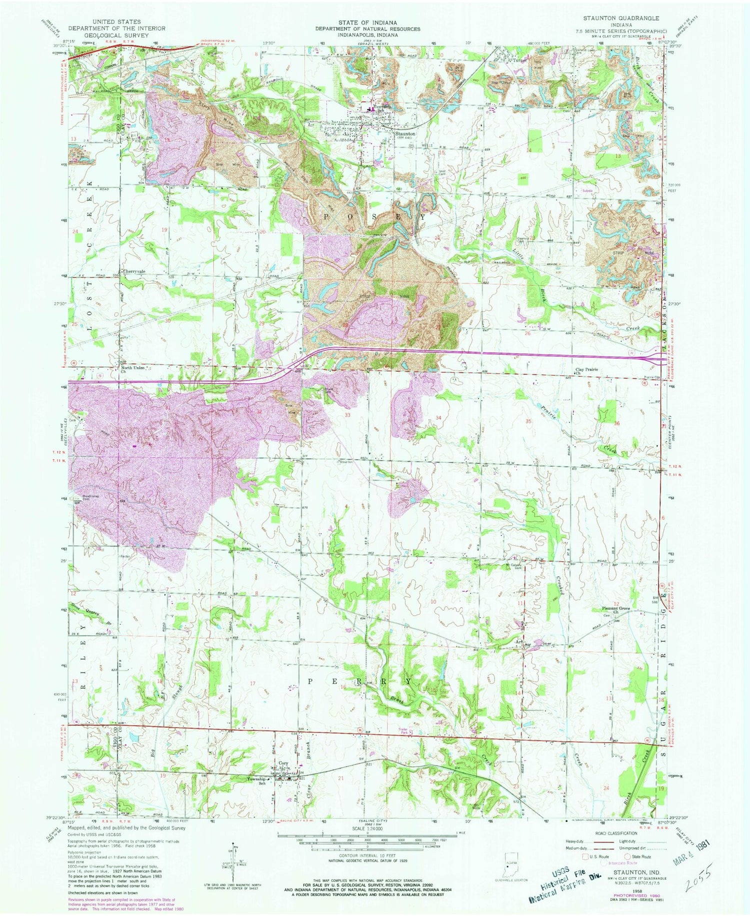 Classic USGS Staunton Indiana 7.5'x7.5' Topo Map Image