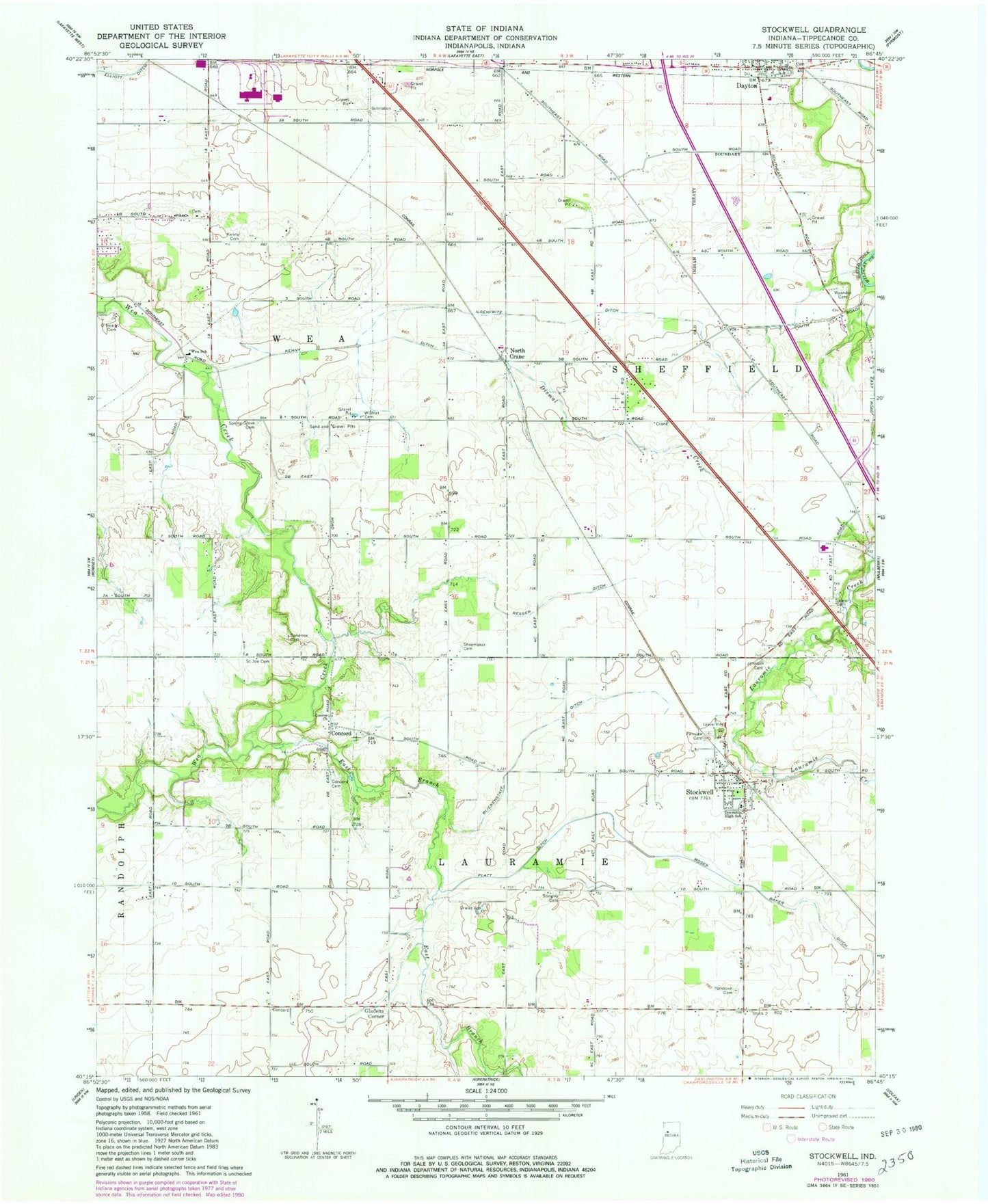 Classic USGS Stockwell Indiana 7.5'x7.5' Topo Map Image