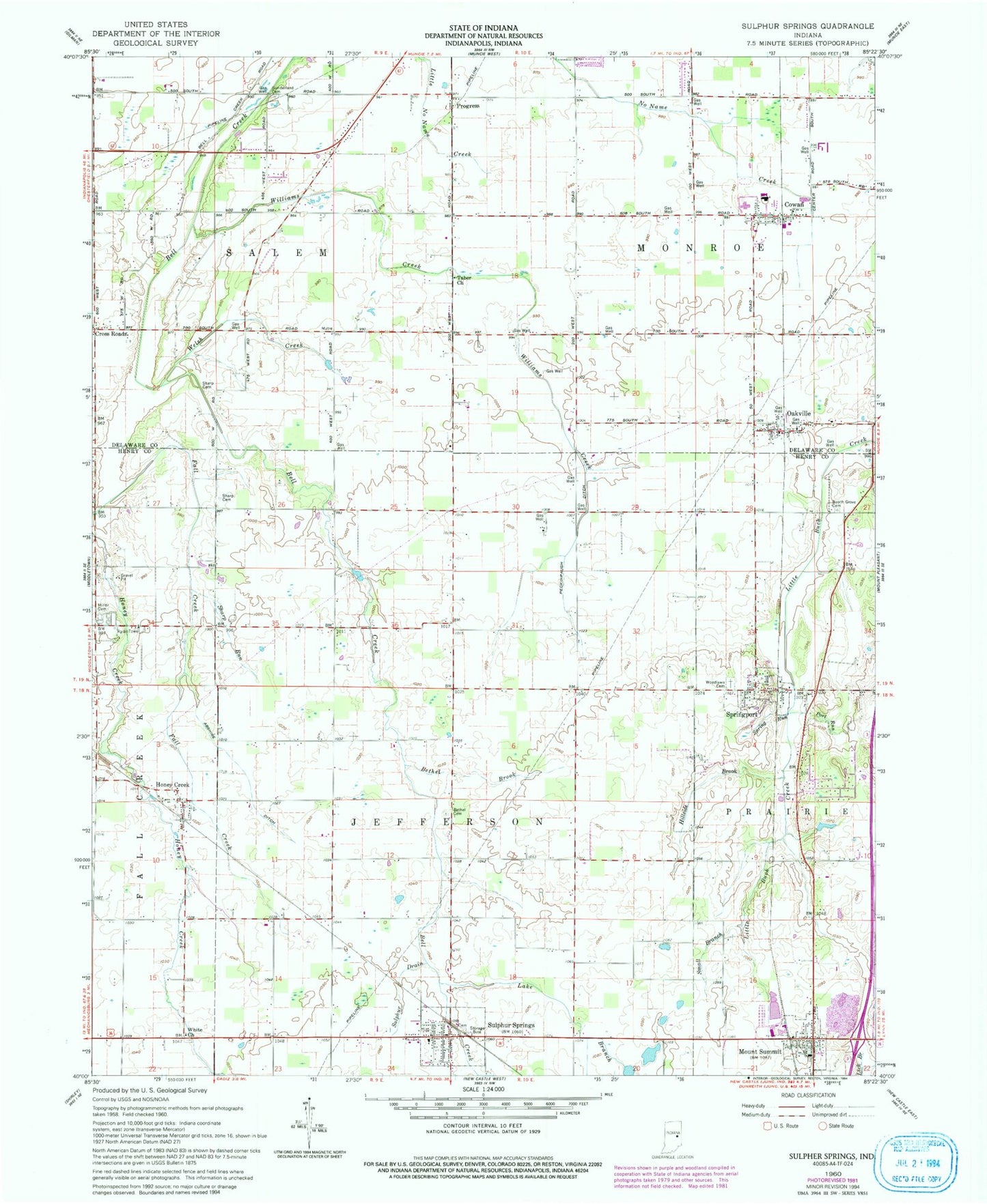 Classic USGS Sulphur Springs Indiana 7.5'x7.5' Topo Map Image