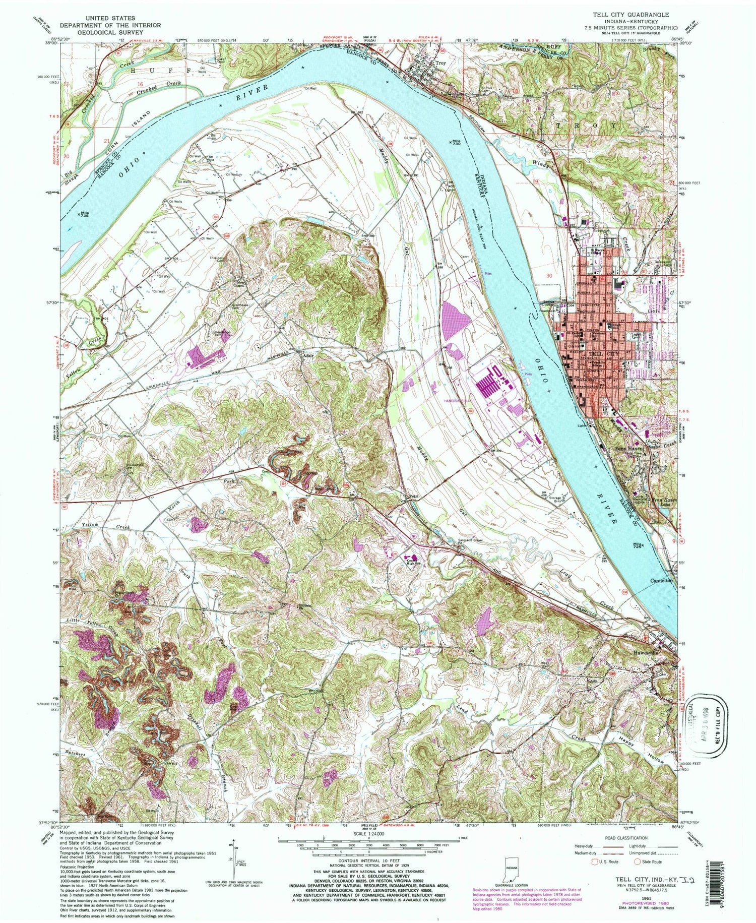 Classic USGS Tell City Indiana 7.5'x7.5' Topo Map Image
