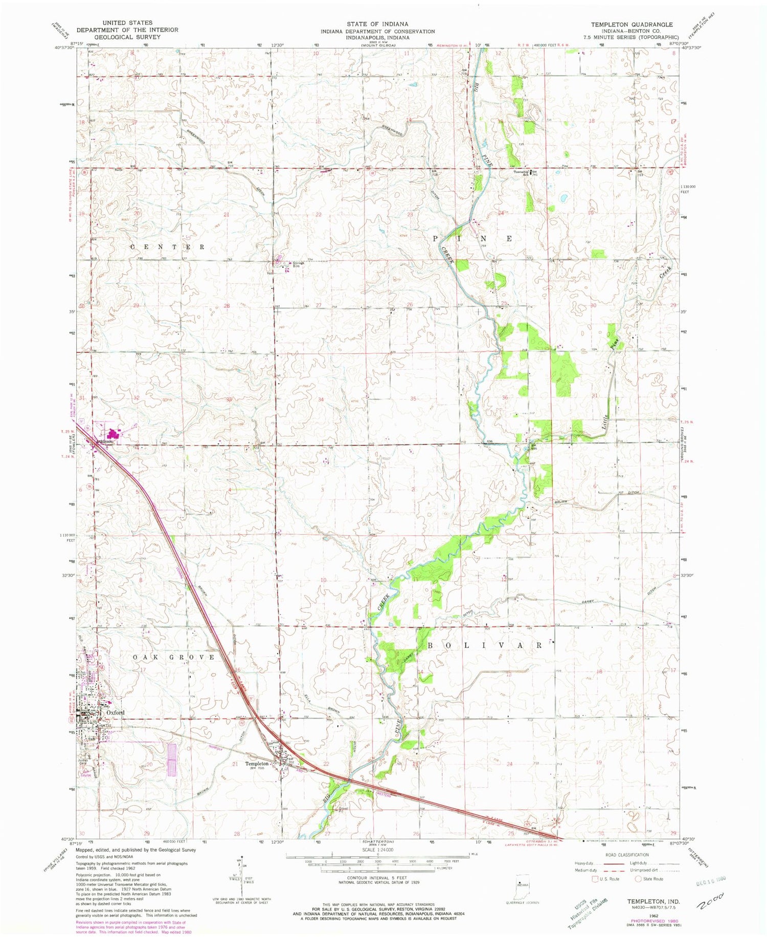 Classic USGS Templeton Indiana 7.5'x7.5' Topo Map Image