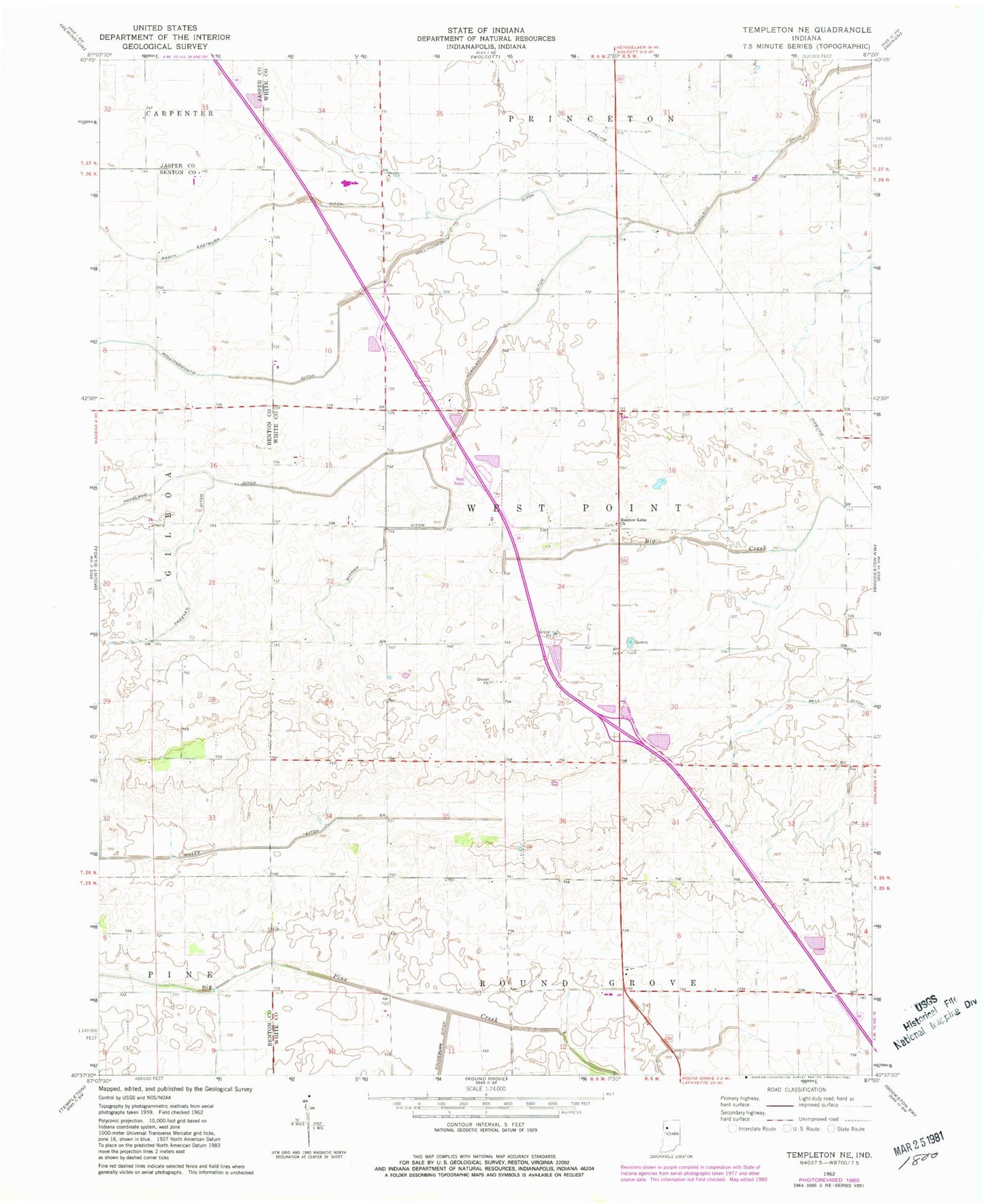 Classic USGS Templeton NE Indiana 7.5'x7.5' Topo Map Image