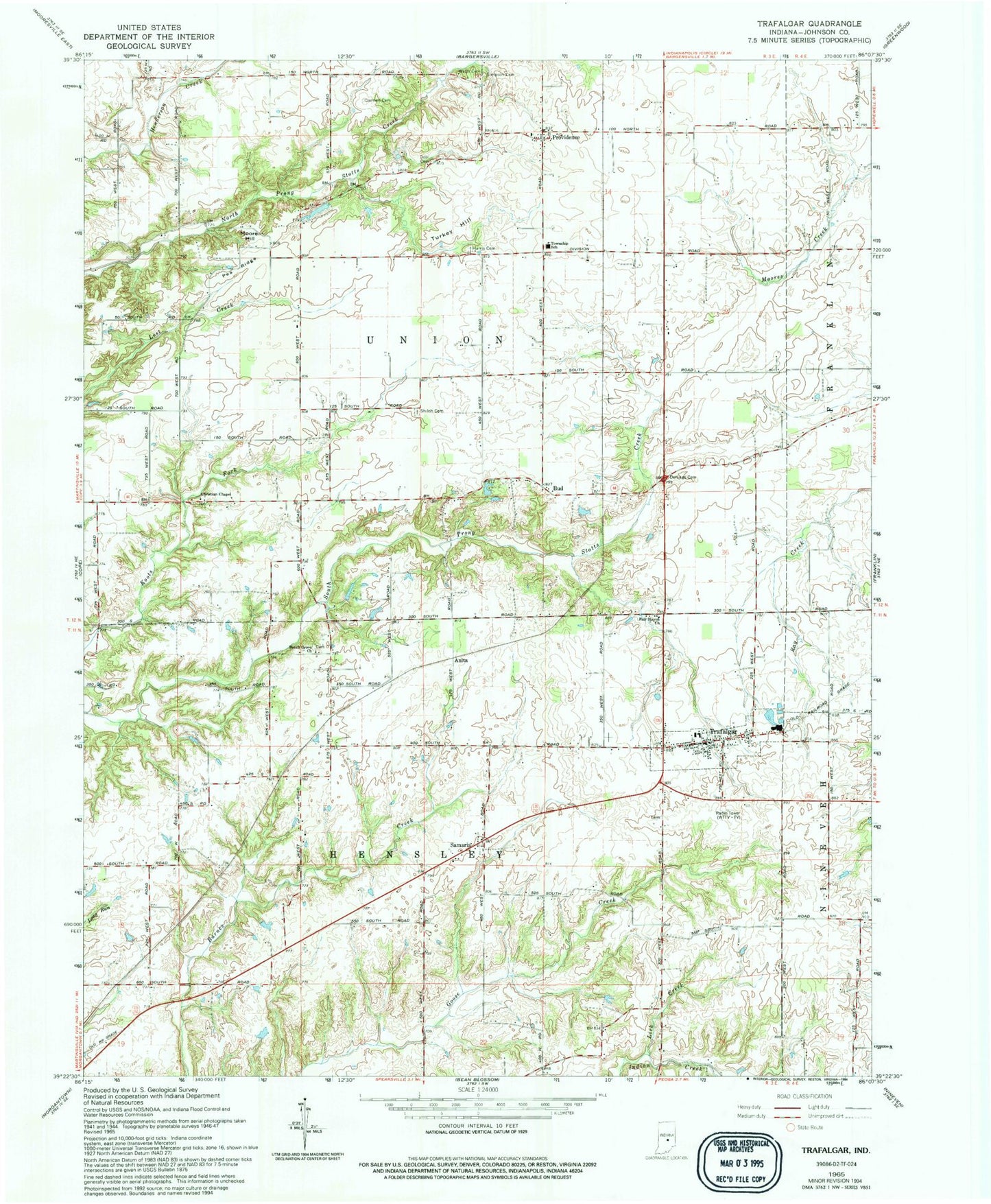 Classic USGS Trafalgar Indiana 7.5'x7.5' Topo Map Image