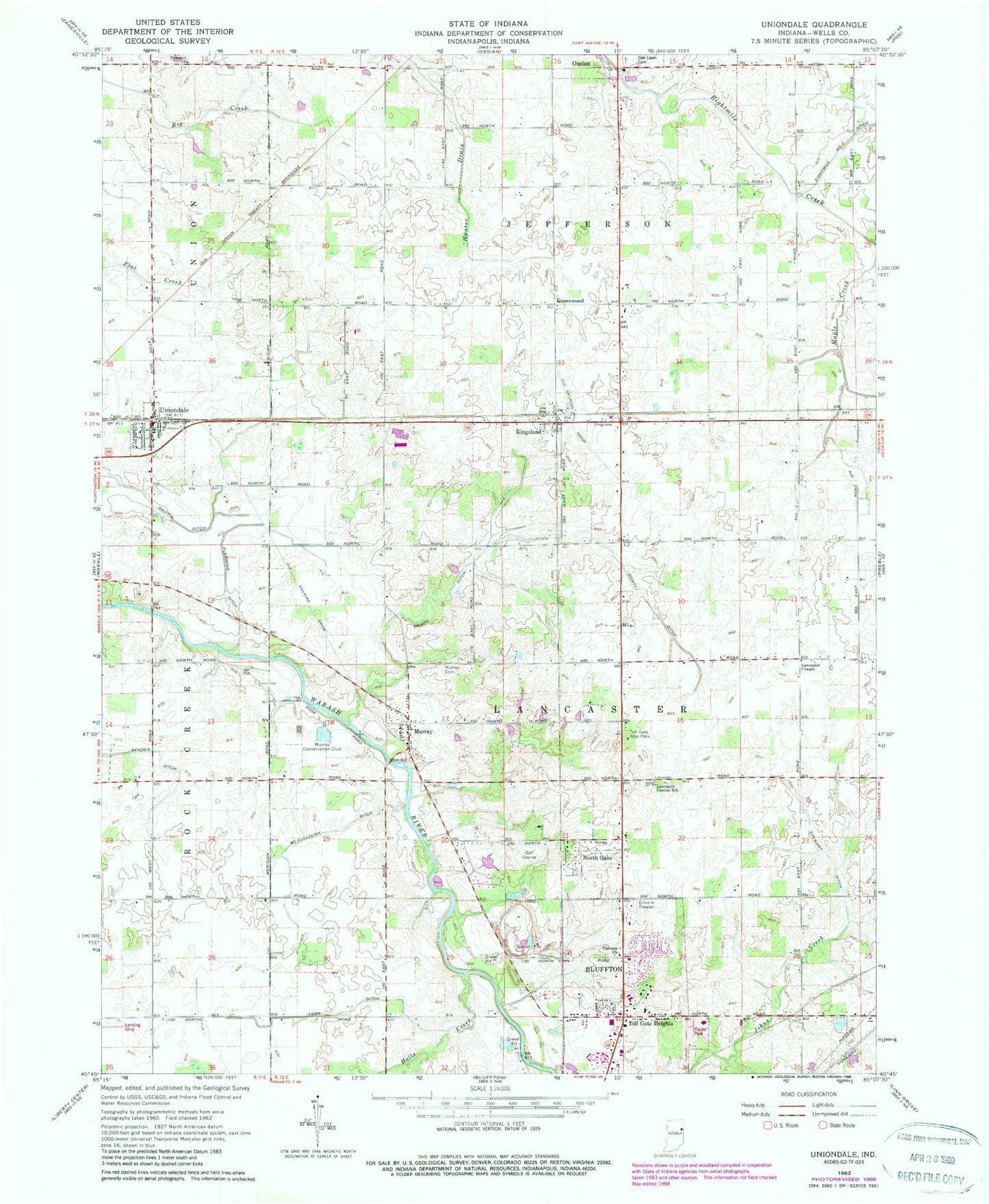 Classic USGS Uniondale Indiana 7.5'x7.5' Topo Map Image