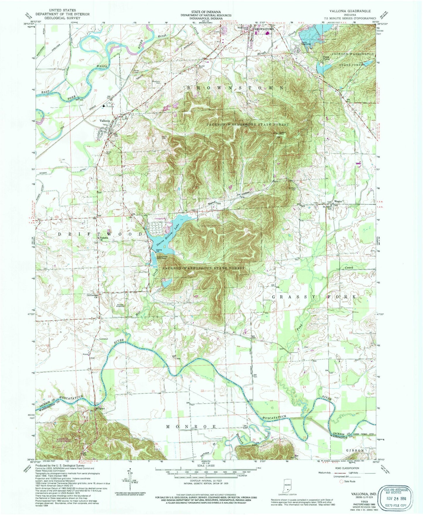 Classic USGS Vallonia Indiana 7.5'x7.5' Topo Map Image