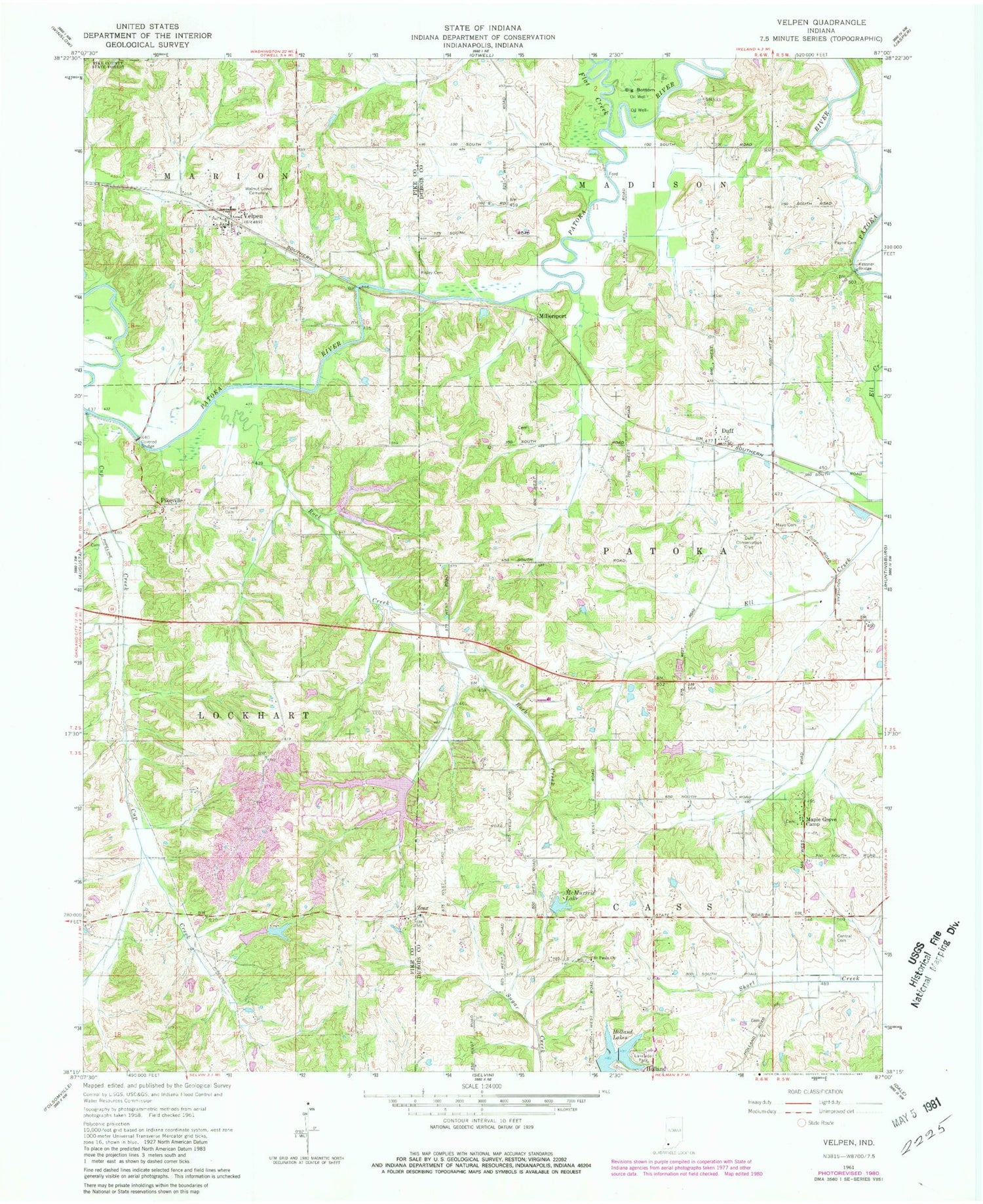Classic USGS Velpen Indiana 7.5'x7.5' Topo Map Image