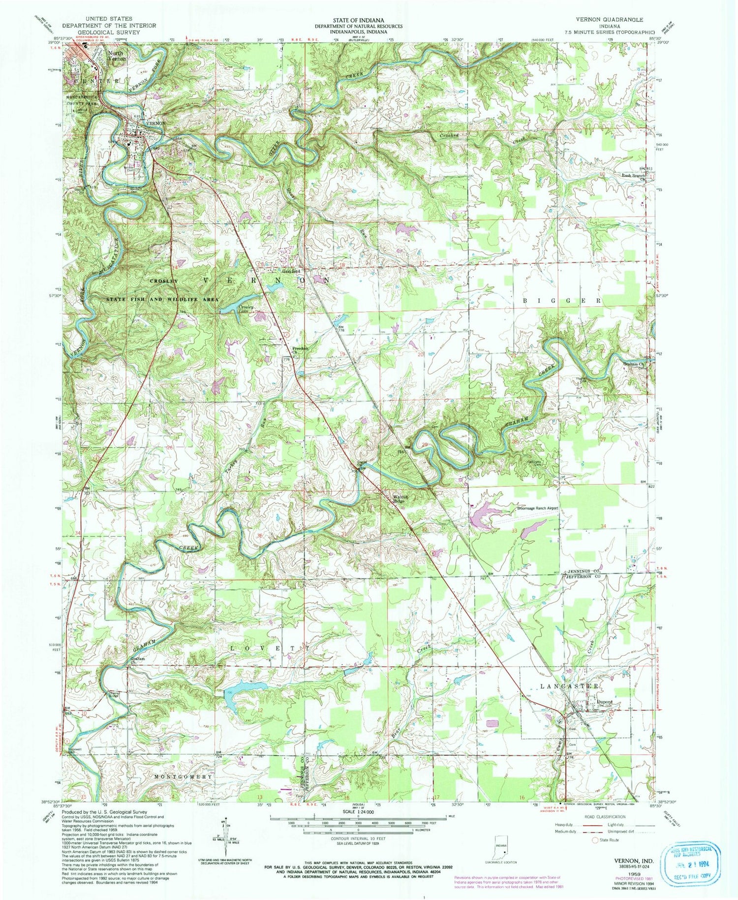 Classic USGS Vernon Indiana 7.5'x7.5' Topo Map Image