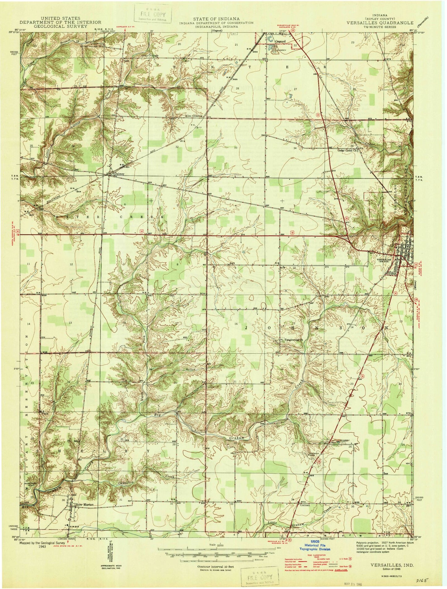 Classic USGS Versailles Indiana 7.5'x7.5' Topo Map Image