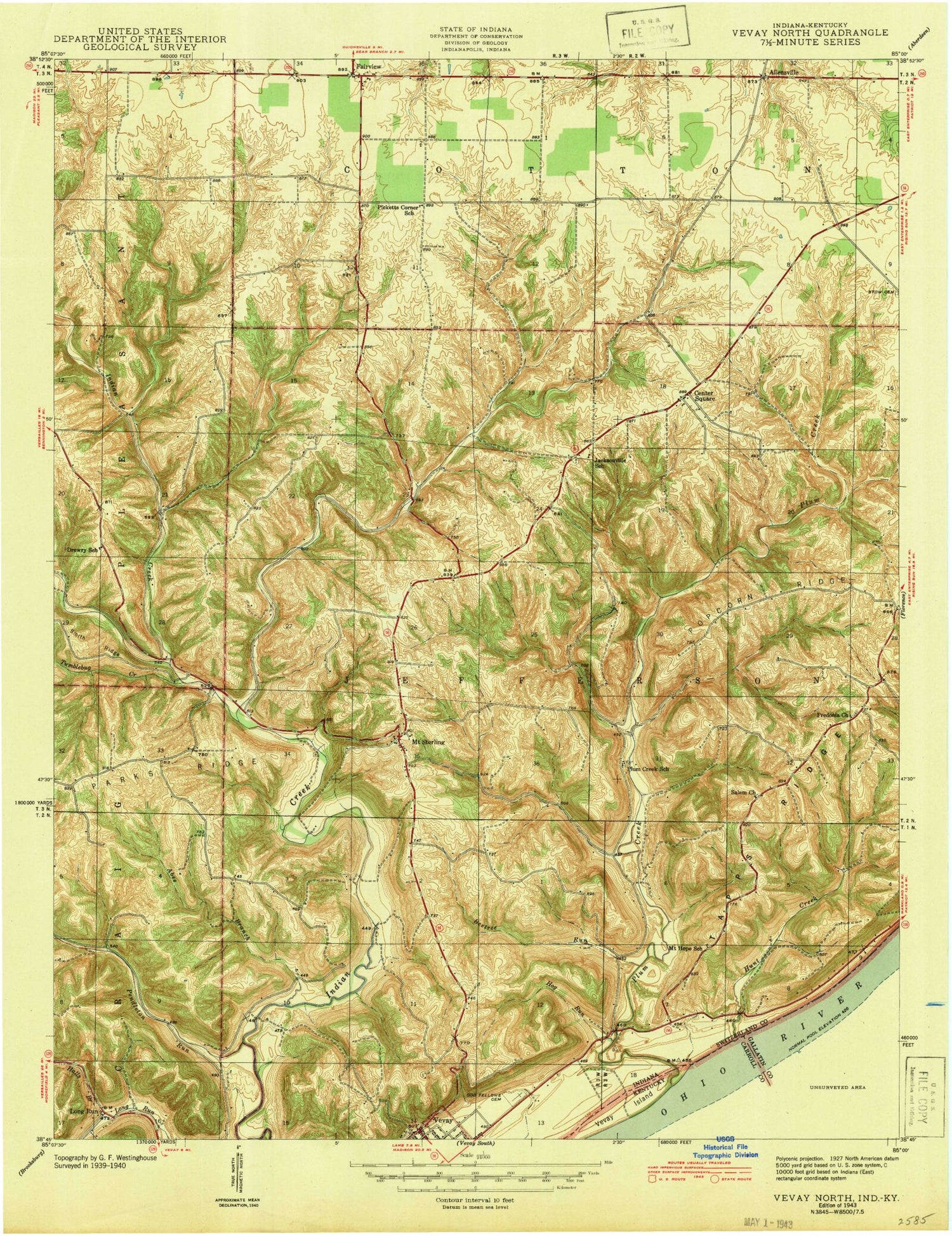 Classic USGS Vevay North Indiana 7.5'x7.5' Topo Map Image