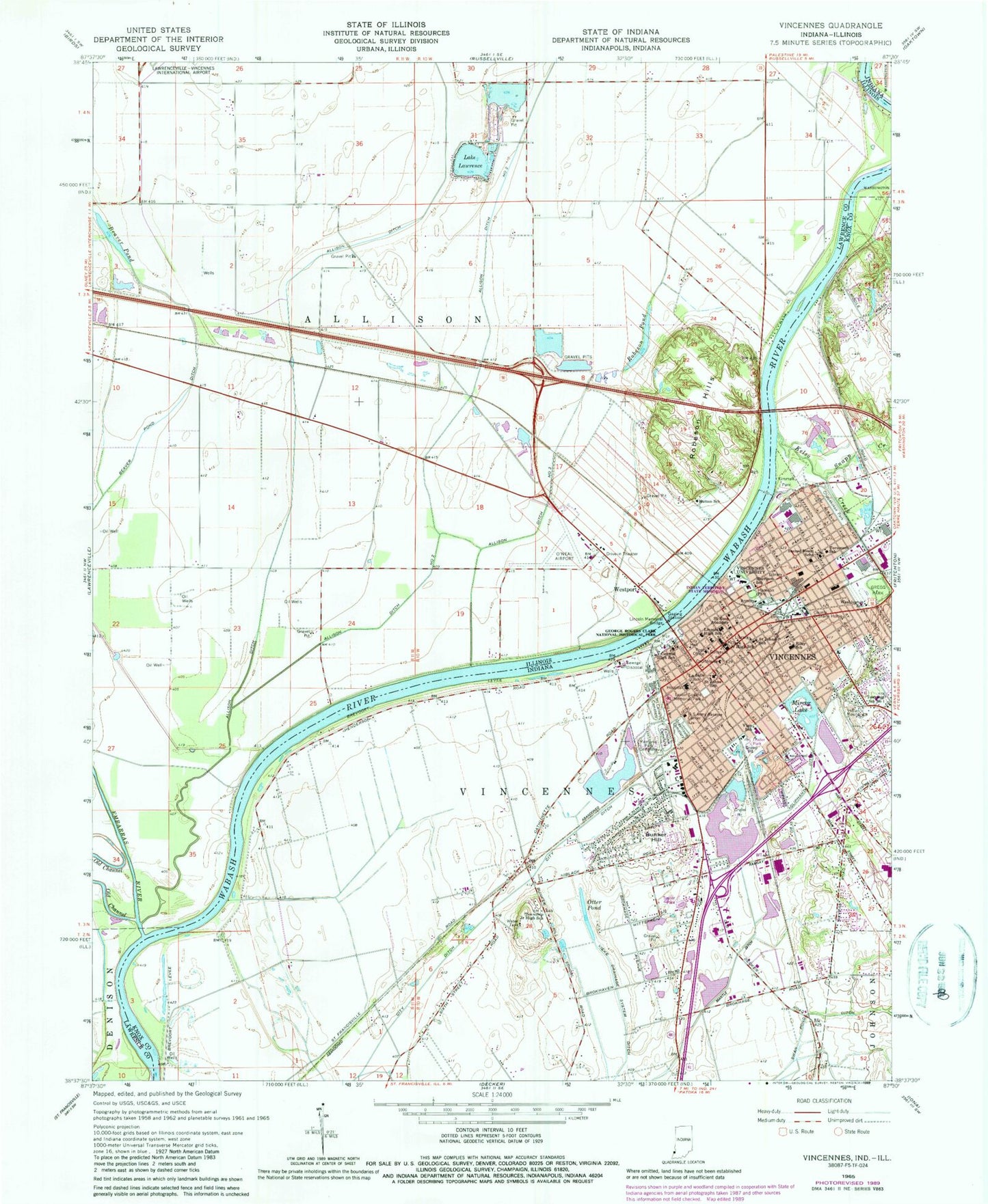 Classic USGS Vincennes Indiana 7.5'x7.5' Topo Map Image