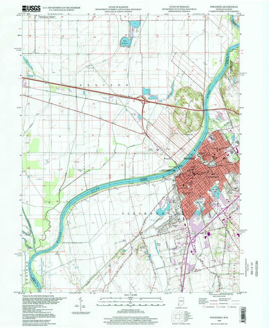 Classic USGS Vincennes Indiana 7.5'x7.5' Topo Map Image